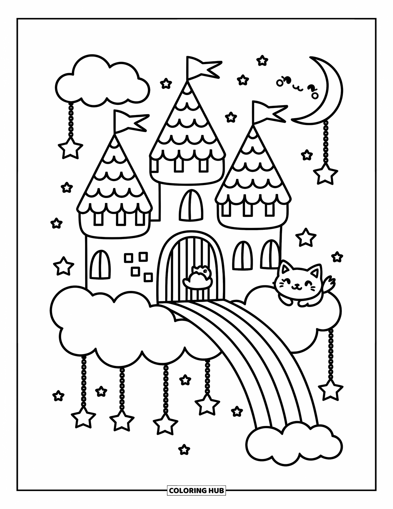 Kasteel Kleurplaat voor Volwassenen: Een donzige wolk draagt een dromerig kasteel met sterren, een regenboogpad en een slaperige gevleugelde kat