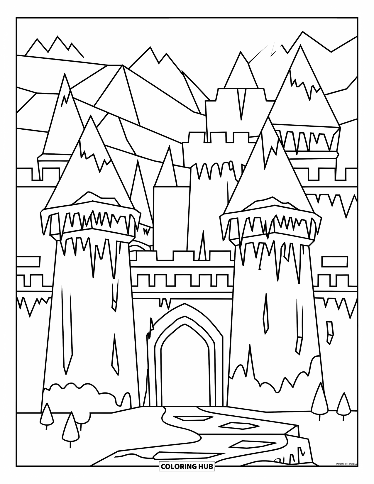 Kasteel Kleurplaat voor Volwassenen: Een bevroren fort met ijzige torens en watervallen staat rustig tussen besneeuwde bomen