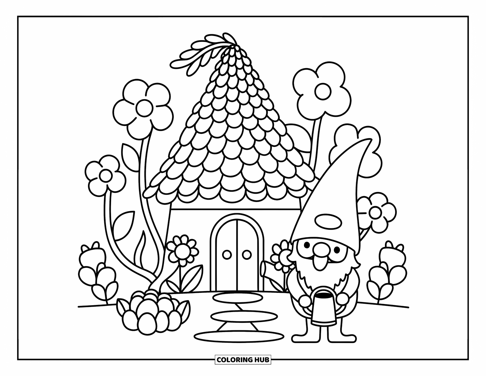 Kasteel Kleurplaat voor Volwassenen: Een kabouter verzorgt graag bloemen buiten zijn kleine kasteel, verscholen in een magische tuin