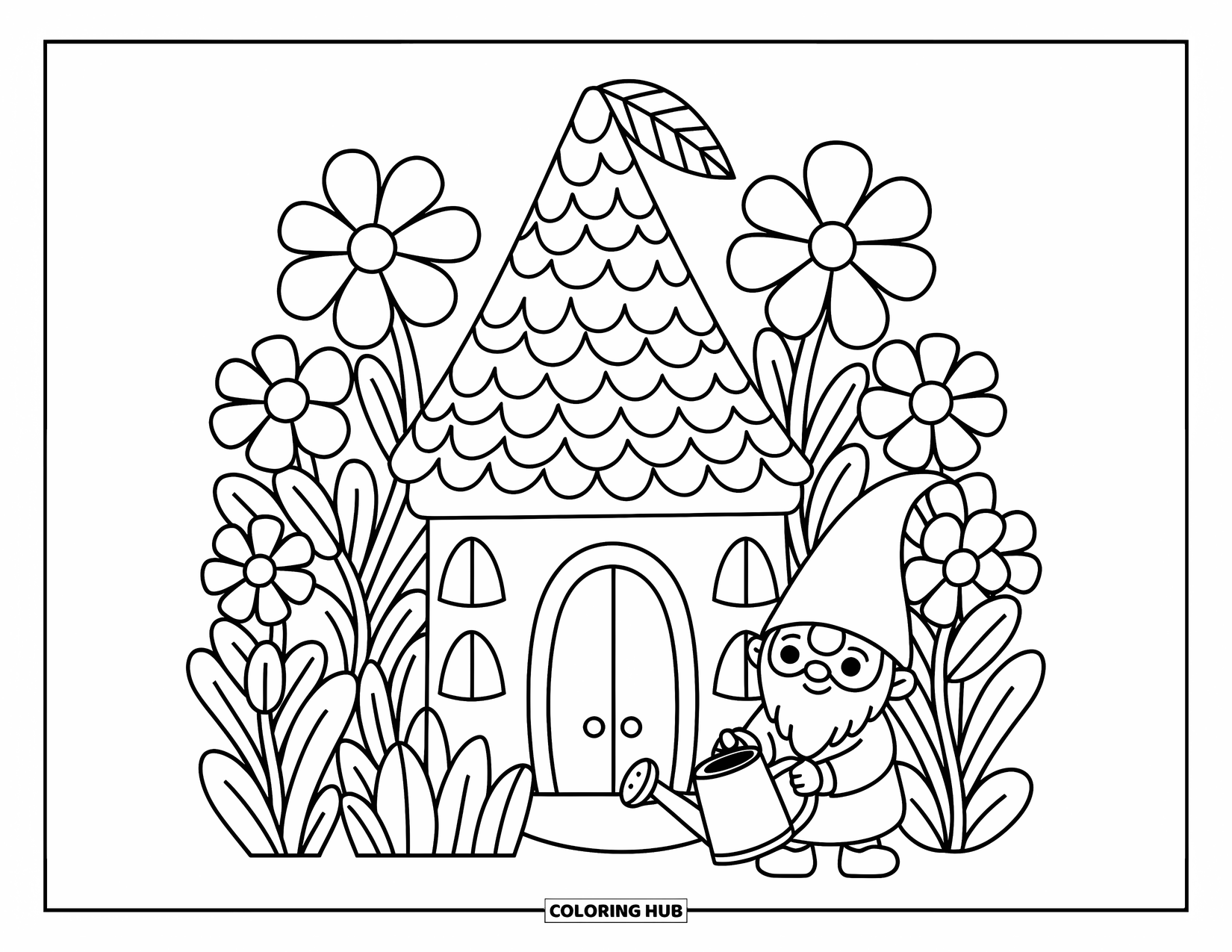 Kasteel Kleurplaat voor Volwassenen: Een kabouter geeft bloemen water naast zijn kleine kasteel, verborgen tussen oversized tuinbloemen