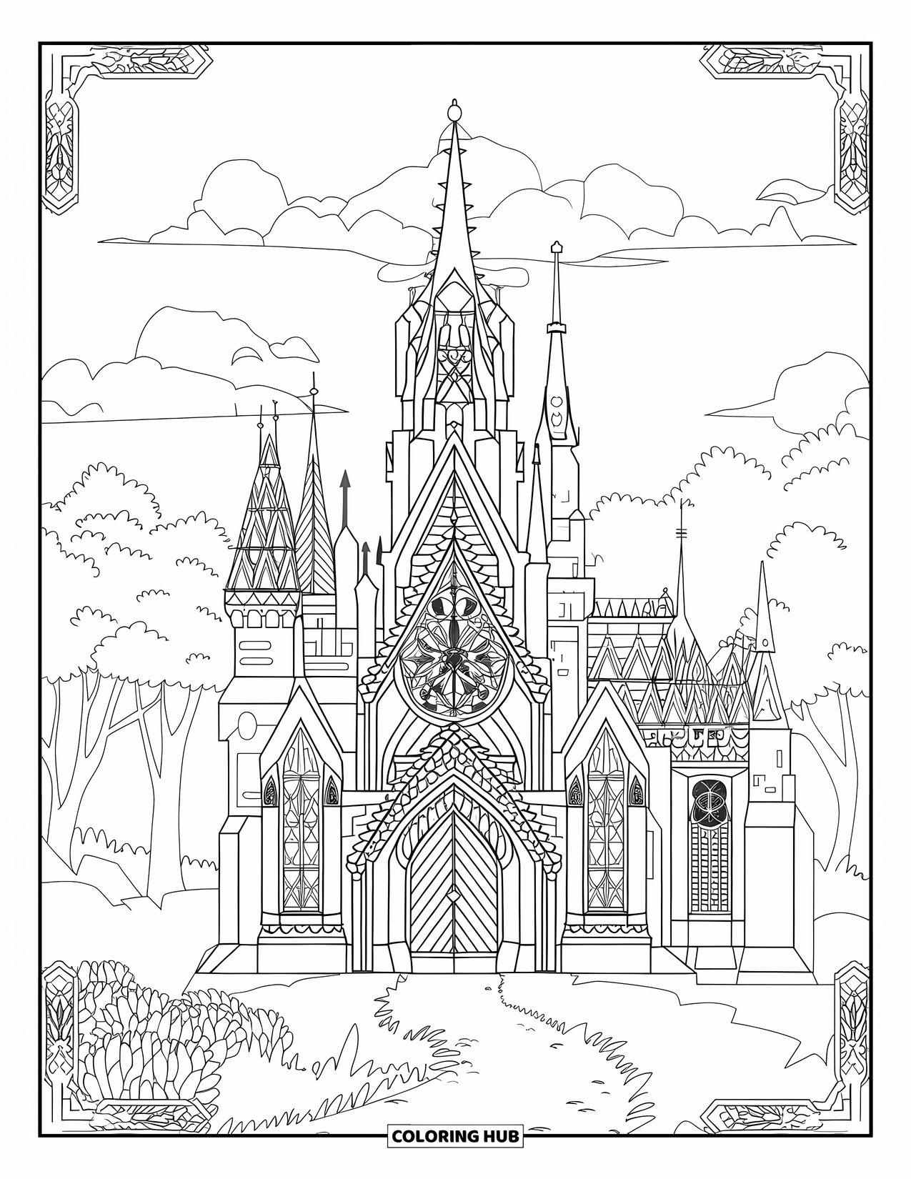Kasteel Kleurplaat voor Volwassenen: Een gotisch kasteel rijst op in de wolken met torenspitsen en gloeiende glas-in-loodramen