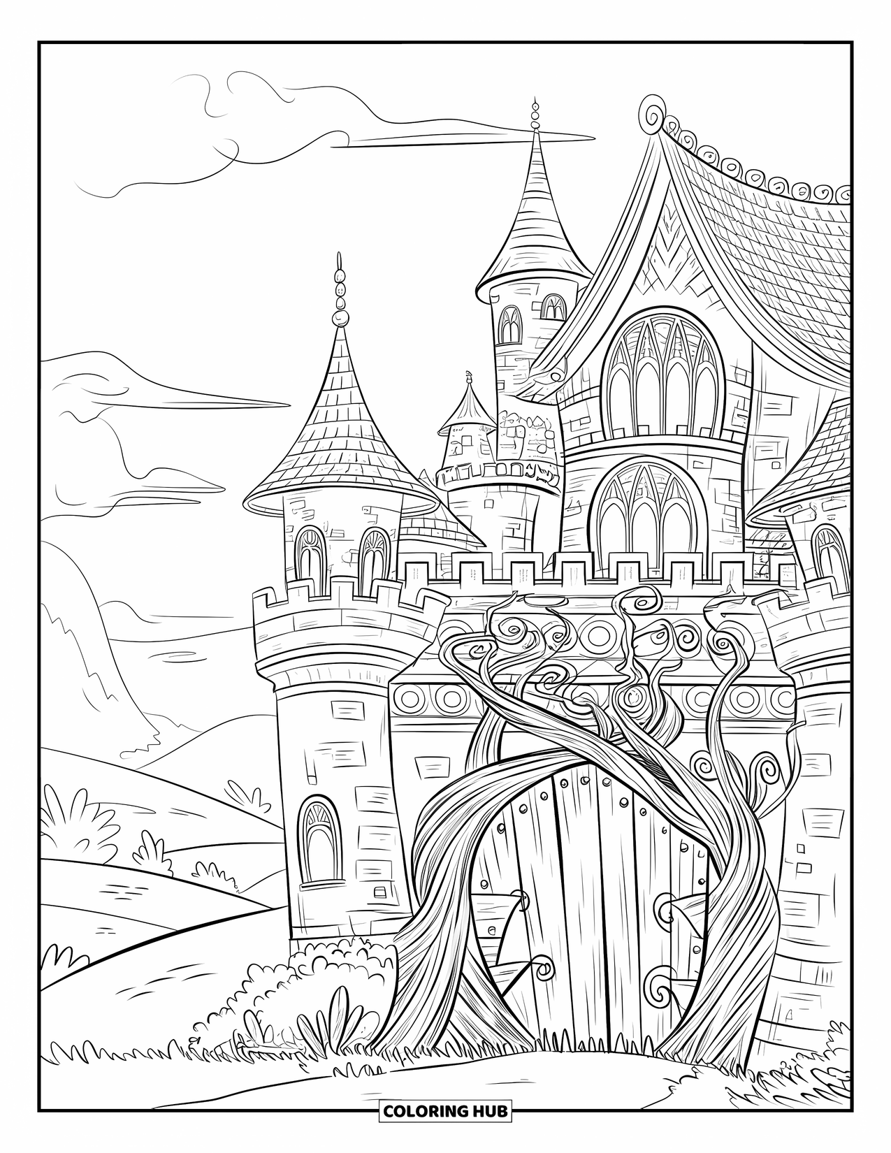 Kasteel Kleurplaat voor Volwassenen: Een magisch kasteel met spiralen en gravures rust in groene heuvels en een kalme lucht