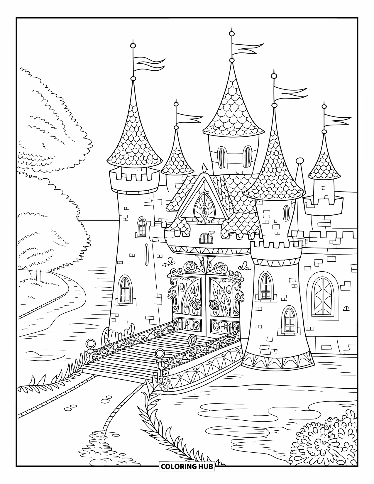 Kasteel Kleurplaat voor Volwassenen: Een gracht omringt een fantasiekasteel met gedetailleerde torentjes, bomen en een magisch pad