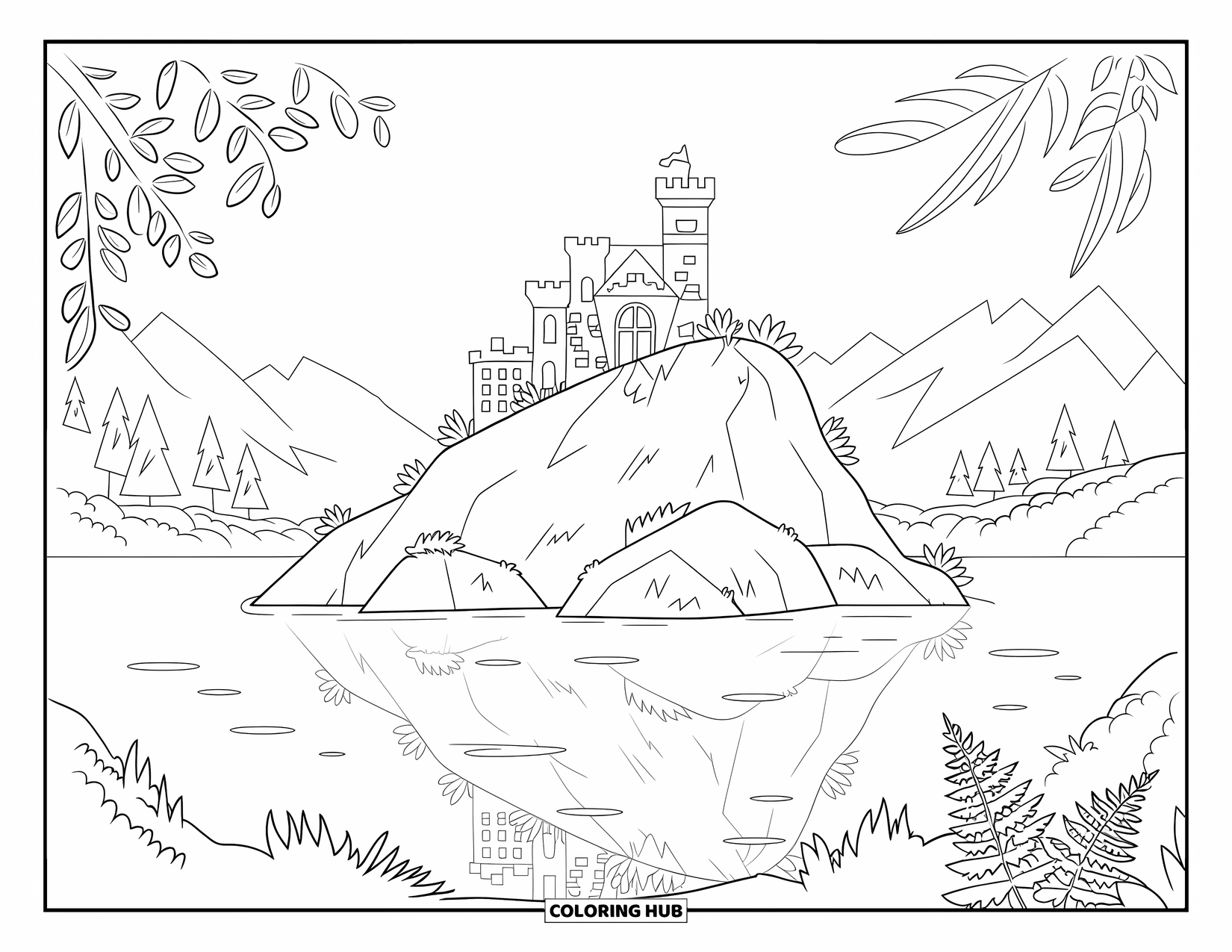 Kasteel Kleurplaat voor Volwassenen: Een bemoste rots herbergt een rustig kasteel midden in een stil, door het bos omgeven meer
