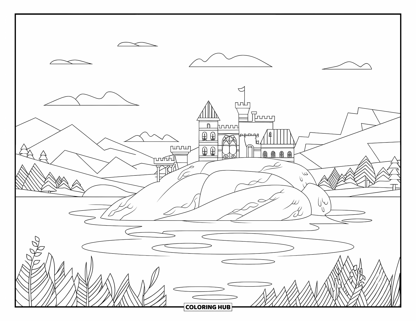 Kasteel Kleurplaat voor Volwassenen: Een vredig meer weerspiegelt een kasteel met torens, gelegen op een rots met patroon en rimpelingen eronder