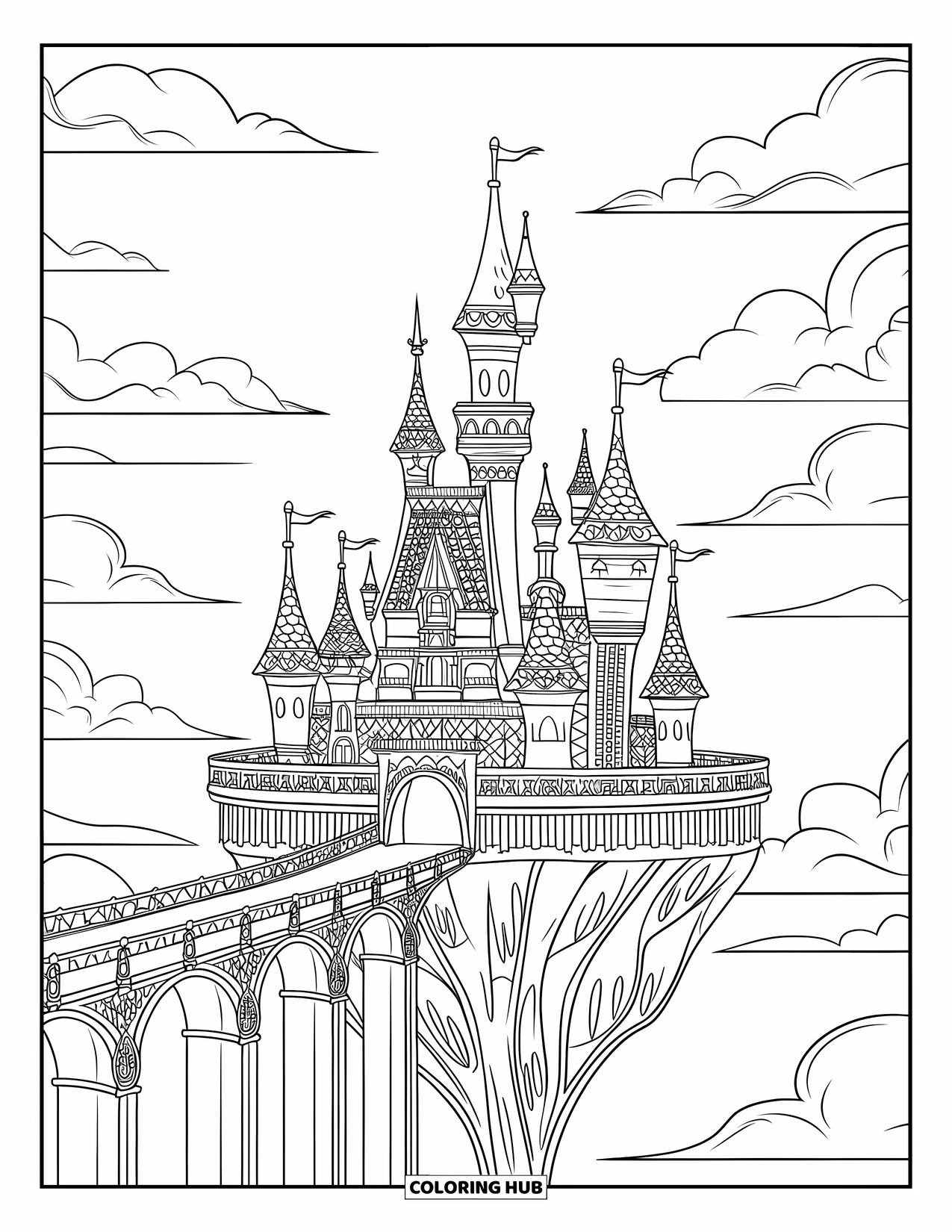 Kasteel Kleurplaat voor Volwassenen: Een vredige lucht draagt een zwevend kasteel met torens met patronen en zachte, wervelende wolken