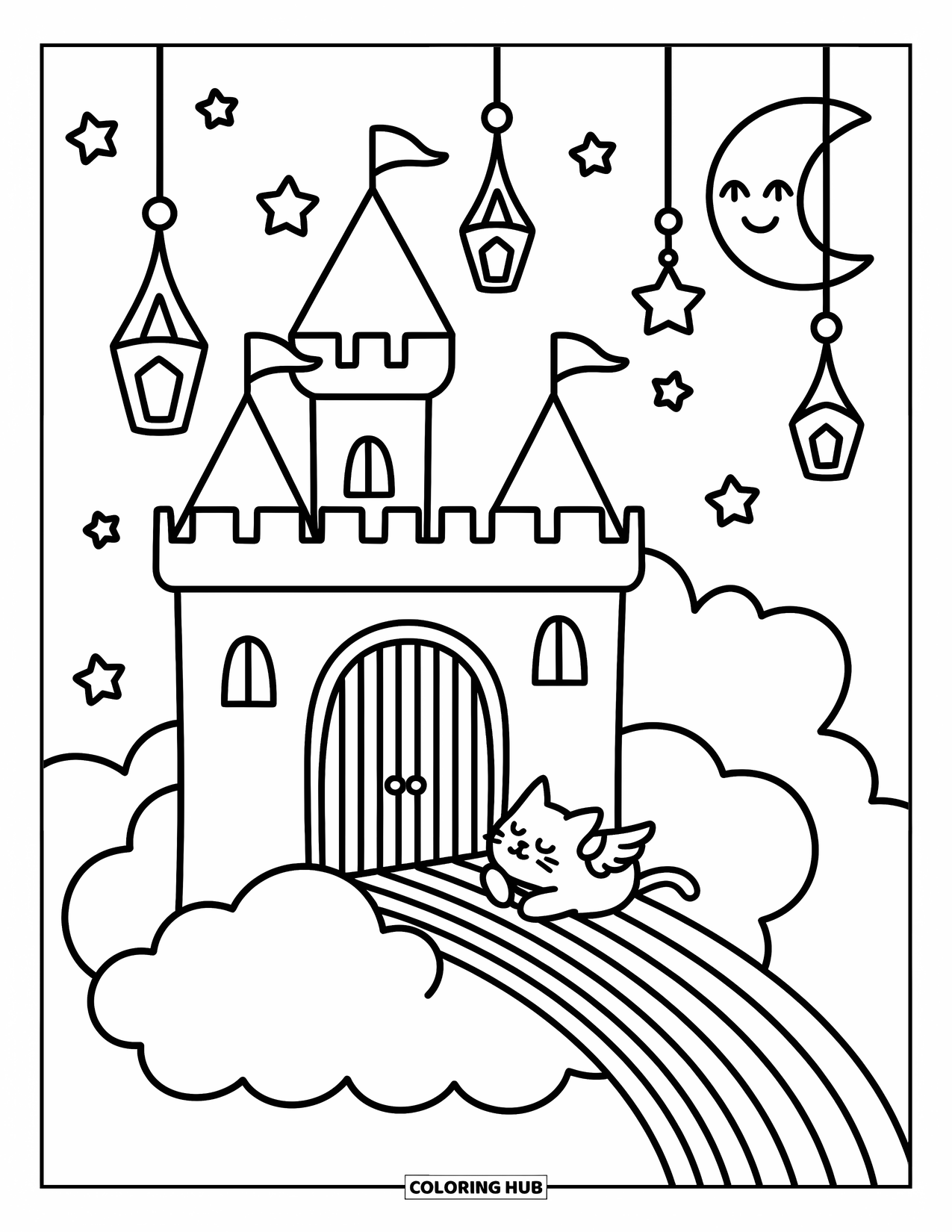 Kasteel Kleurplaat voor Volwassenen: Een regenboogpad leidt naar een wolkenkasteel terwijl een kleine gevleugelde kat een dutje doet bij de poort
