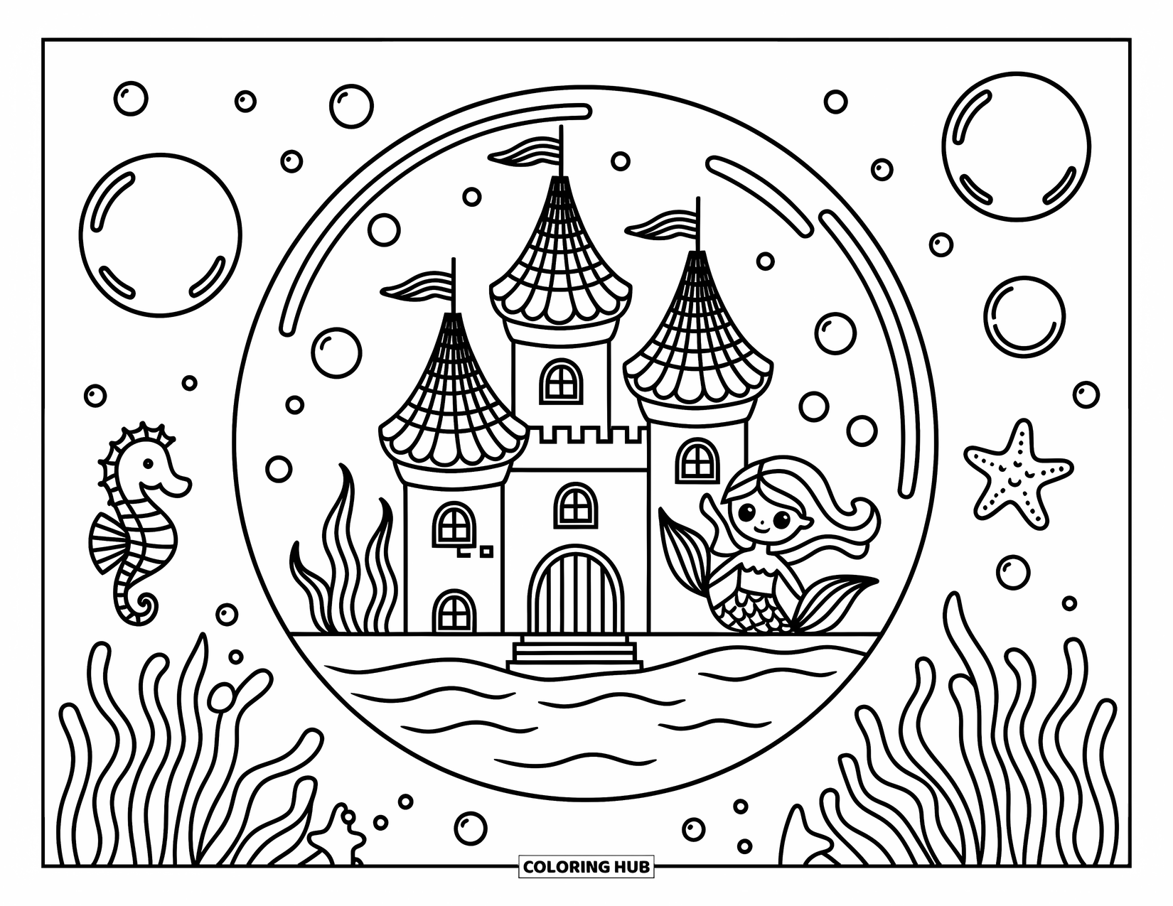Kasteel Kleurplaat voor Volwassenen: Een schelpenkasteel drijft in een bubbel terwijl een zeemeermin, zeester en zeepaardje van de scène genieten