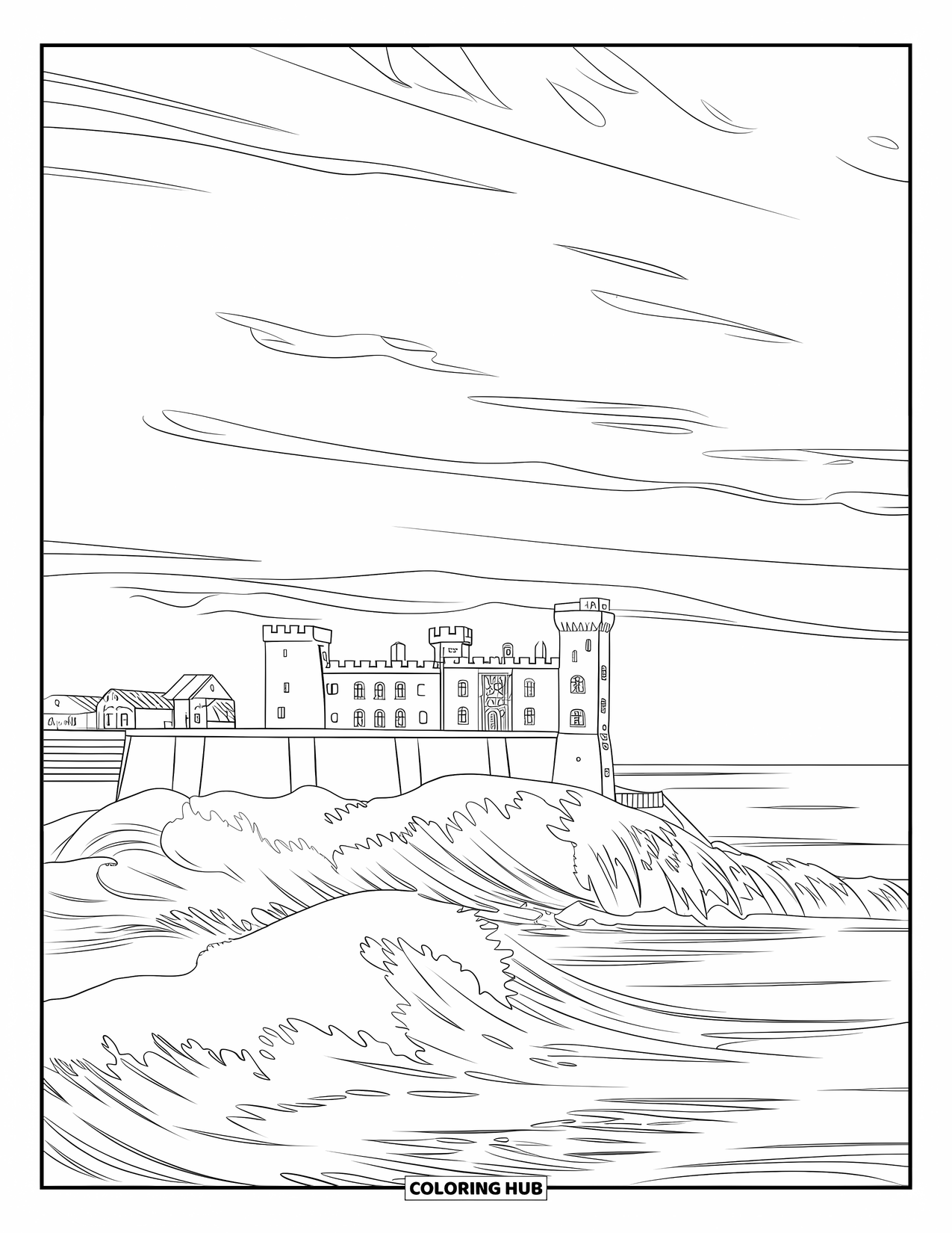 Kasteel Kleurplaat voor Volwassenen: Een kasteel aan zee klampt zich vast aan een klif terwijl golven op de rotsen slaan