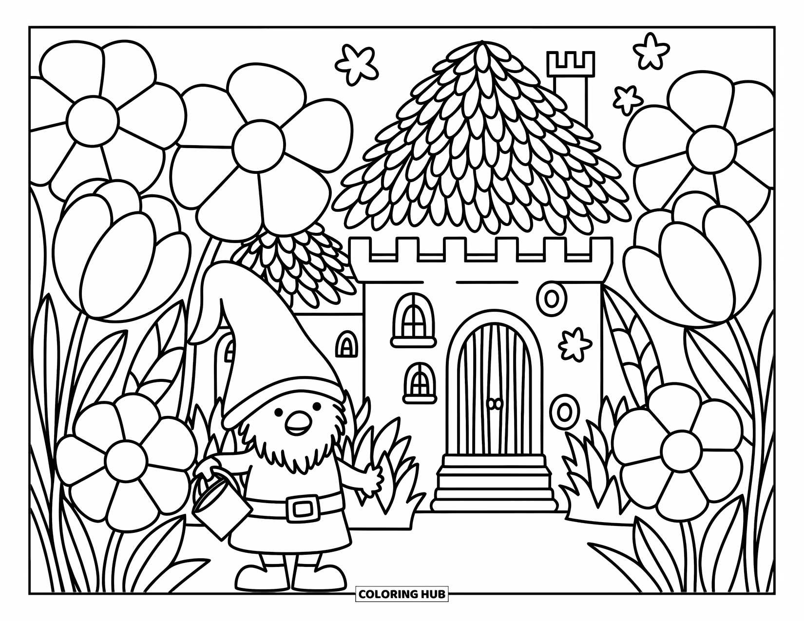 Kasteel Kleurplaat voor Volwassenen: Een lachende kabouter met een gieter staat in de buurt van zijn gezellige kasteel tussen gigantische bloemen