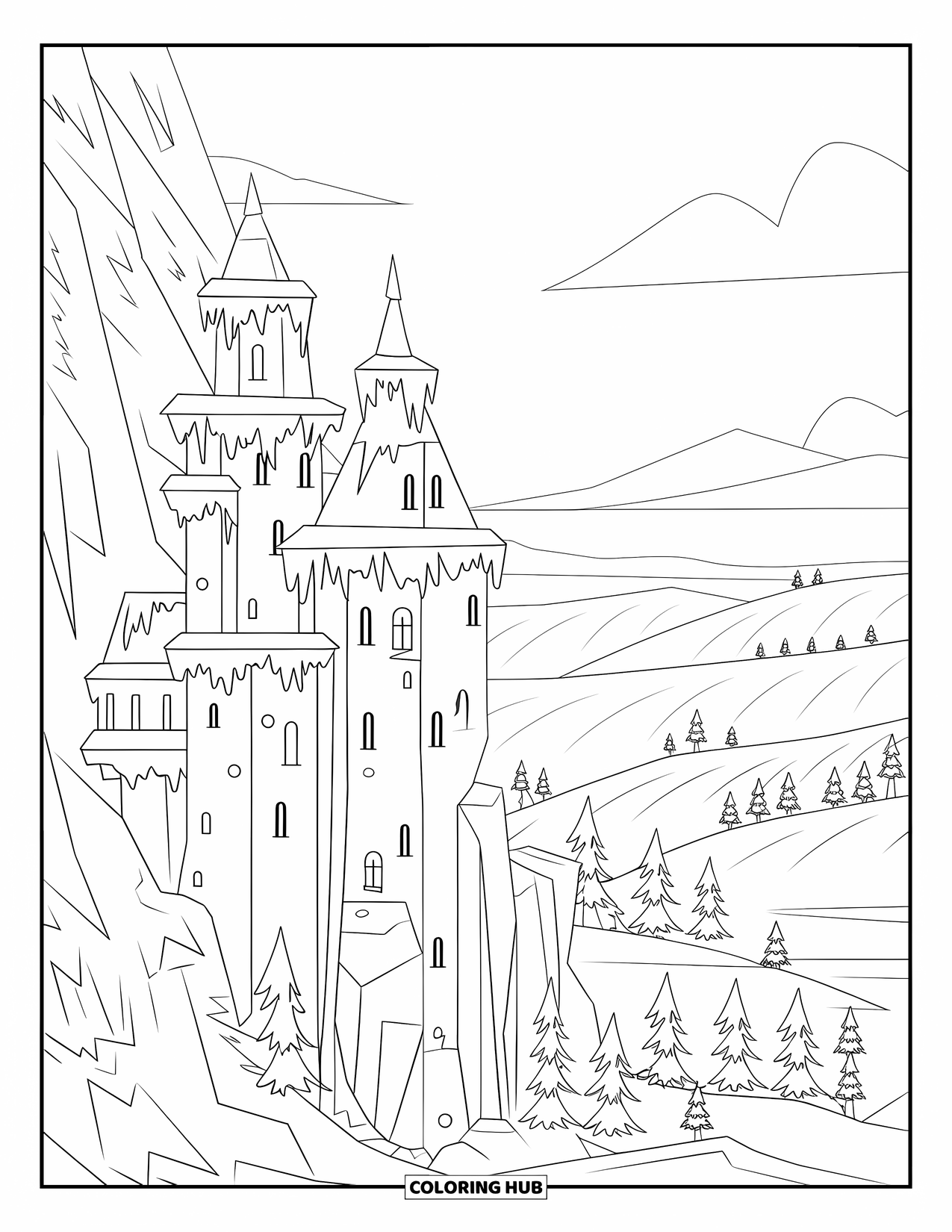 Kasteel Kleurplaat voor Volwassenen: Een besneeuwd fort klampt zich vast aan een berg met ijzige torens en bevroren watervallen in de buurt
