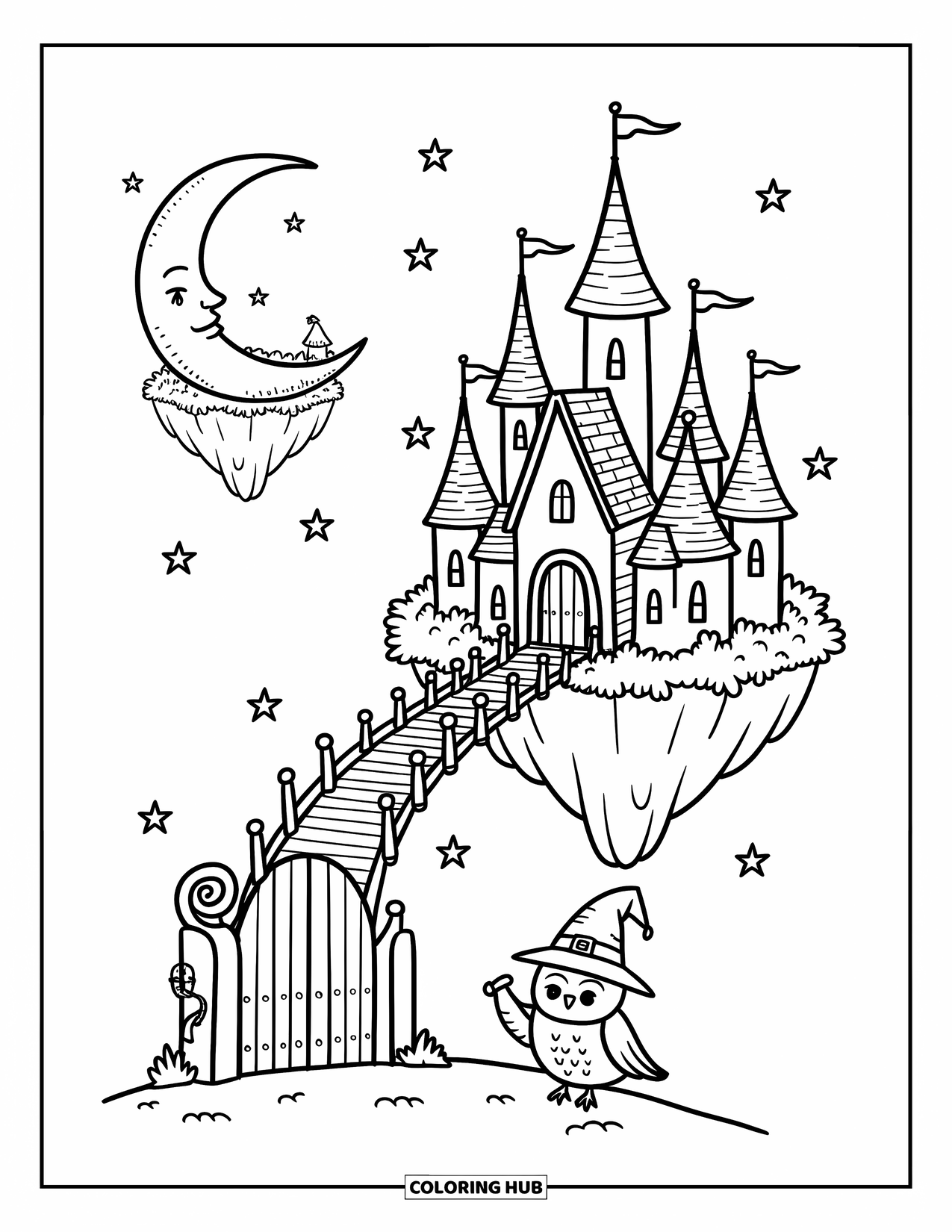Kasteel Kleurplaat voor Volwassenen: Een sterrenkasteel zweeft in de lucht met een maanbrug en een uil die een perkament vasthoudt