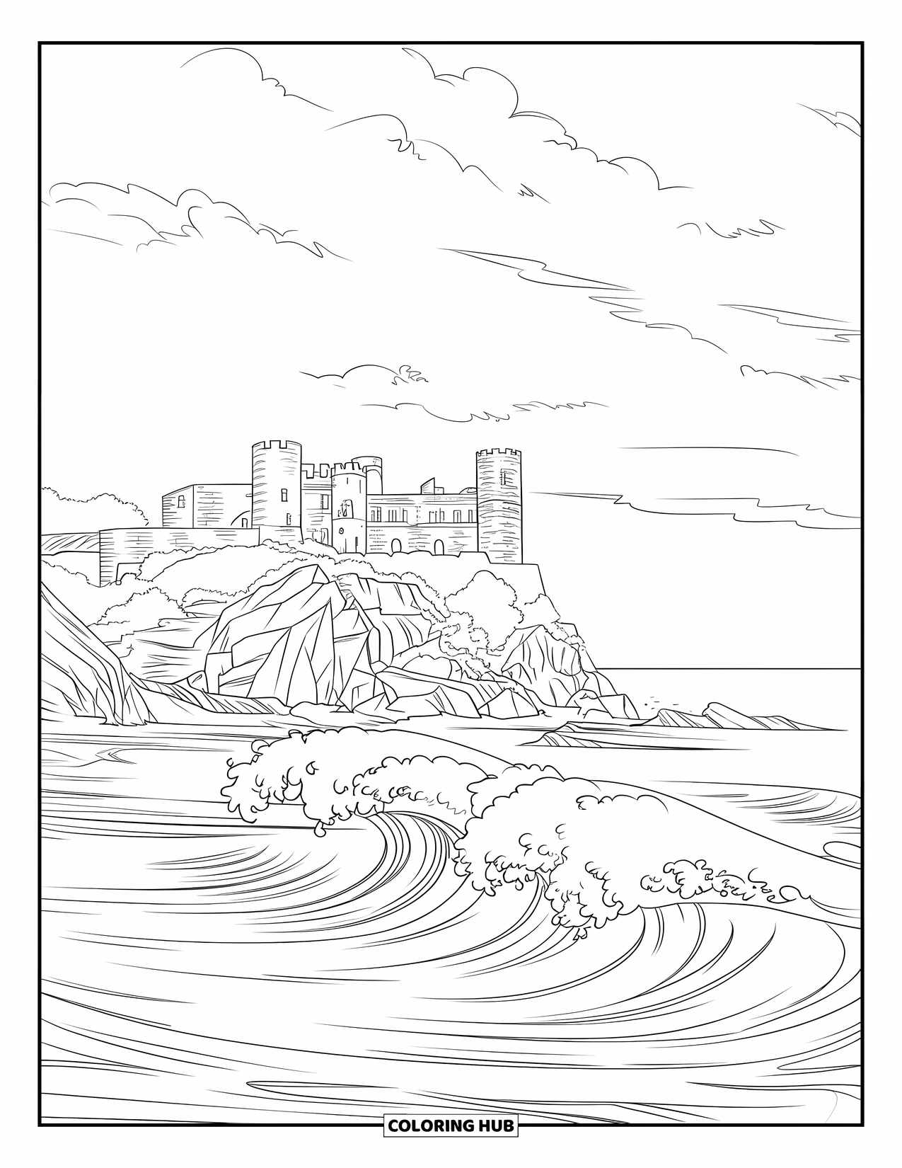 Kasteel Kleurplaat voor Volwassenen: Een stenen kasteel torent hoog boven neerstortende golven op een klif, omwikkeld door winderige wolken