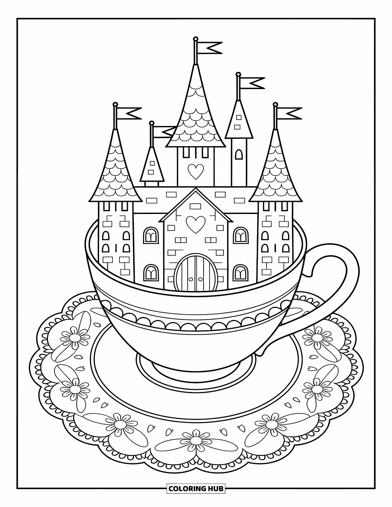 Kasteel Kleurplaat voor Volwassenen: Een klein kasteel met een hartjesvlag rust in een theekopje bovenop een lief, bloemrijk onderzettertje
