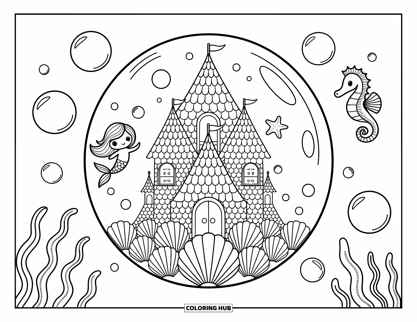 Kasteel Kleurplaat voor Volwassenen: Een kleine zeemeermin kijkt uit haar schelpenbubbelkasteel, omringd door speelse zeedieren