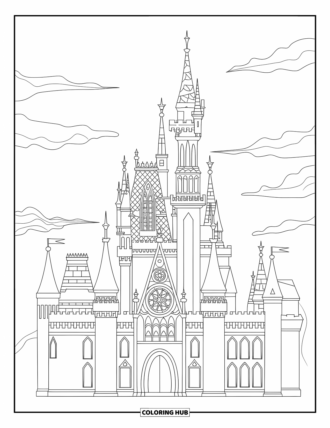 Kasteel Kleurplaat voor Volwassenen: Een torenhoog gotisch kasteel met glas-in-loodramen raakt de zachte, met wolken gevulde lucht