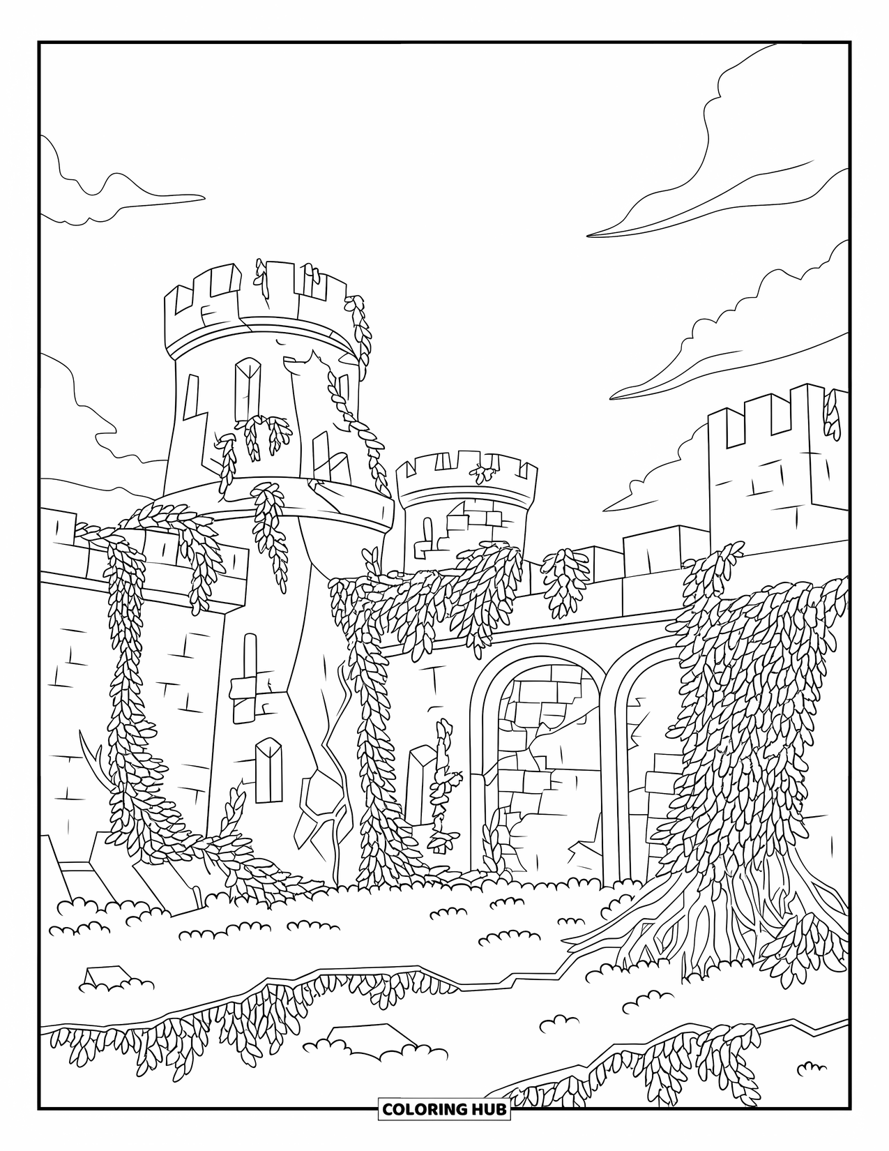 Kasteel Kleurplaat voor Volwassenen: Een verlaten kasteel staat met gebarsten muren, verwarde wortels en klimop die elke toren beklimt