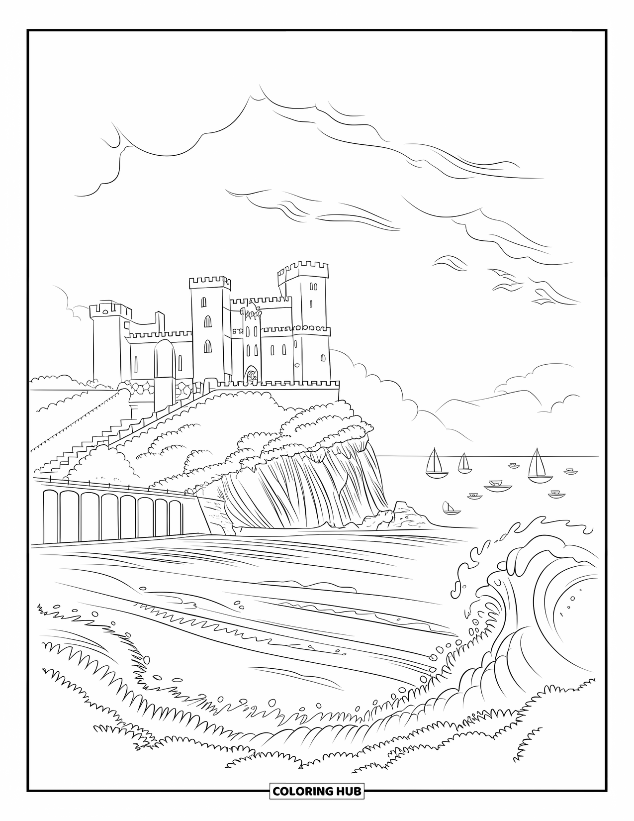 Kasteel Kleurplaat voor Volwassenen: Boten varen langs een rotsachtige klif waar een kasteel uitkijkt over de stormachtige zee
