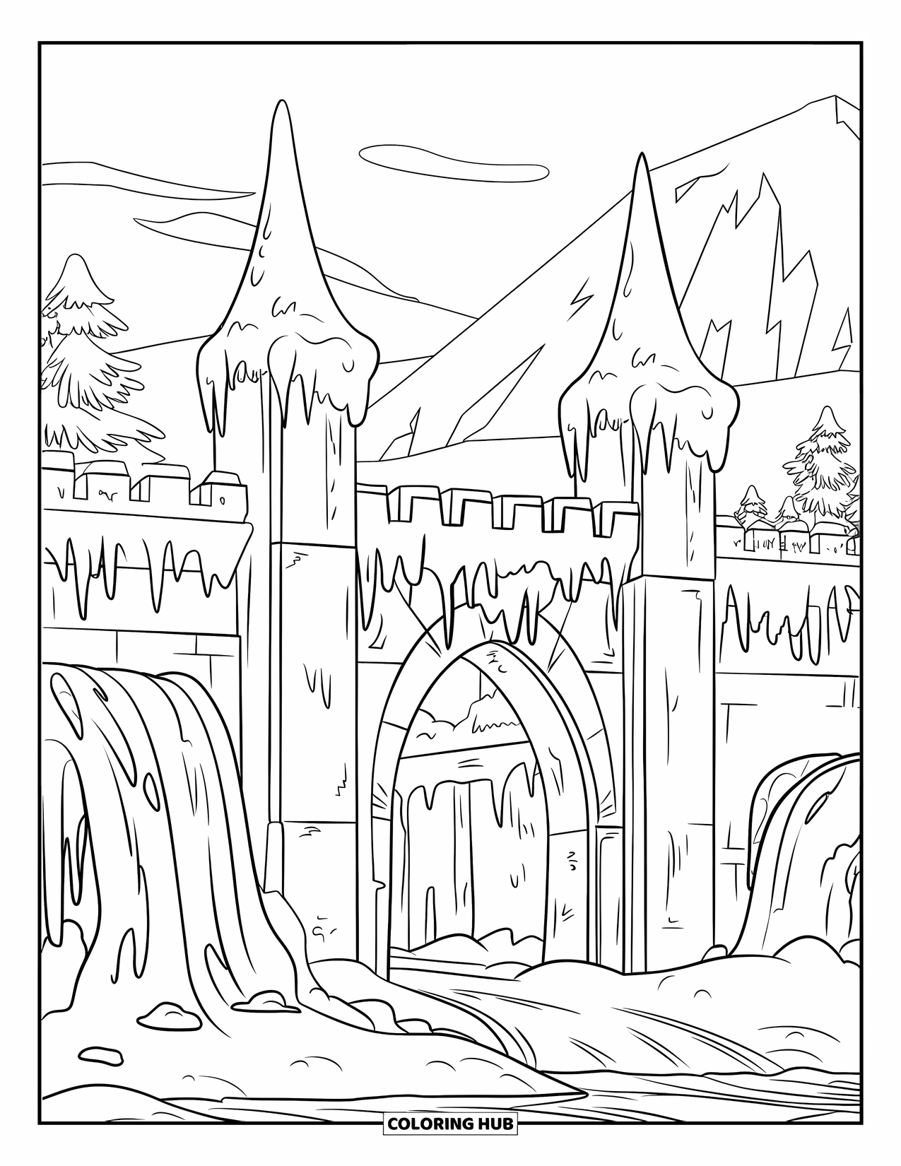 Kasteel Kleurplaat voor Volwassenen: IJspegels hangen aan een besneeuwd fort met bevroren watervallen en bergen in de verte