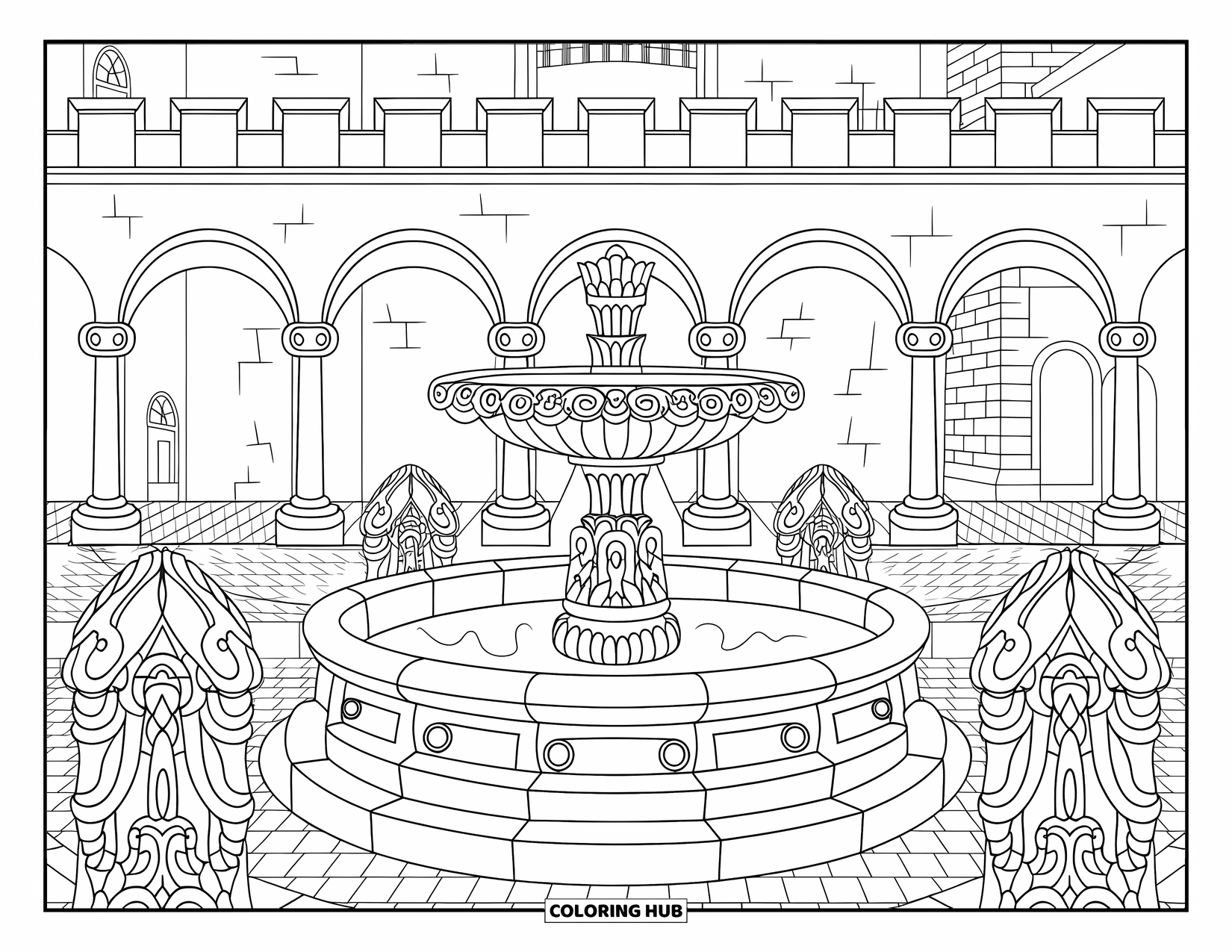 Kasteel Kleurplaat voor Volwassenen: Ingewikkelde beelden en bogen versieren een gedetailleerde kasteelhof met een hoge centrale fontein