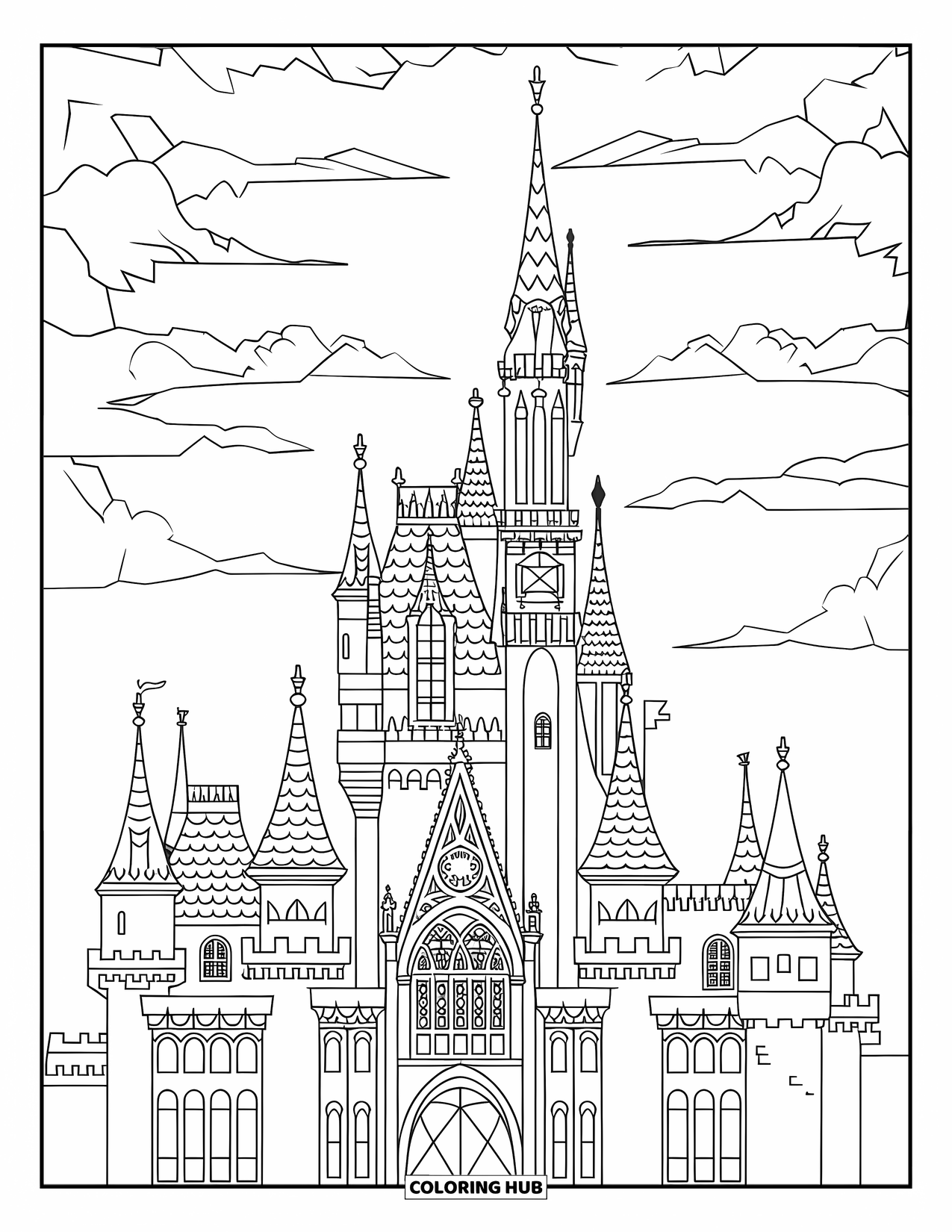 Kasteel Kleurplaat voor Volwassenen: Glas-in-lood en hoge torenspitsen definiëren dit gotische kasteel dat tot aan de hemel reikt