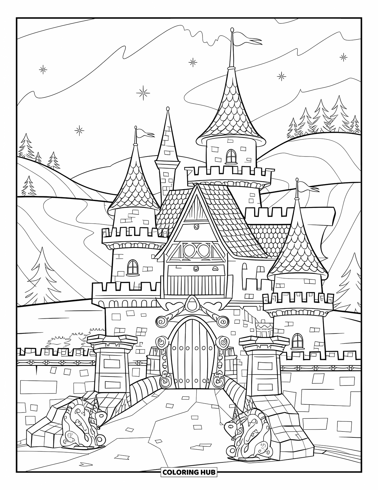 Kasteel Kleurplaat voor Volwassenen: Torentjes en wenteltrappen bekronen een fantasiekasteel met beelden en een gloeiende poort