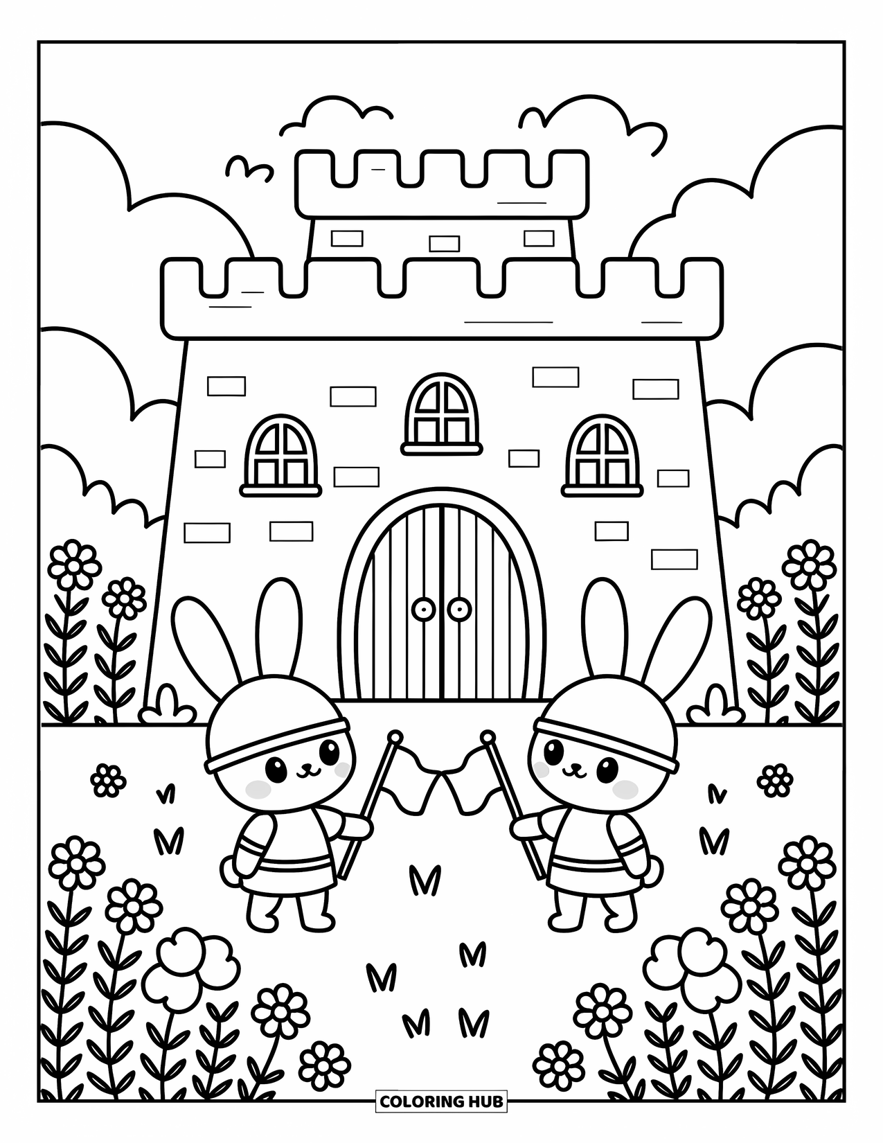 Kasteel Kleurplaat voor Volwassenen: Twee konijnenridders staan trots buiten een gezellig weidekasteel met bloemen eromheen