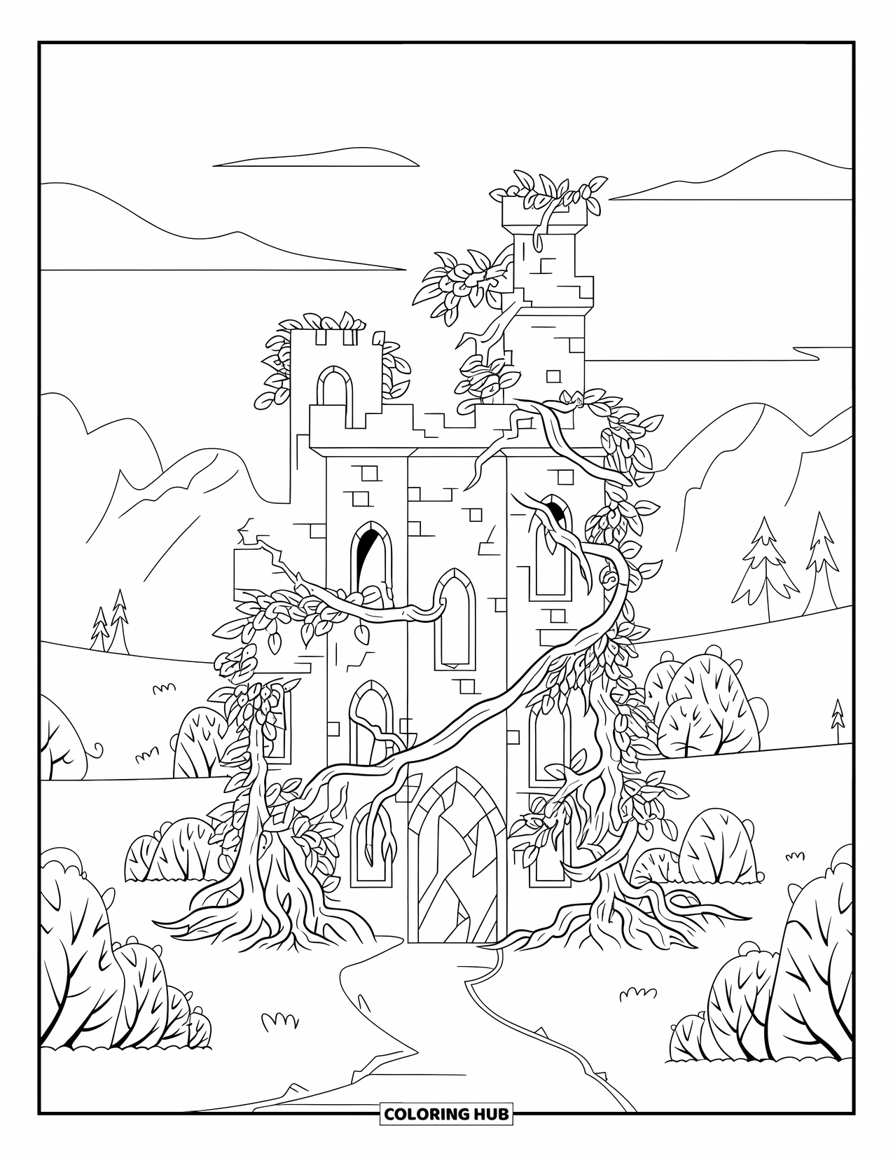 Klimplanten wikkelen zich rond een afbrokkelend kasteel, rustig gelegen in een bergvallei