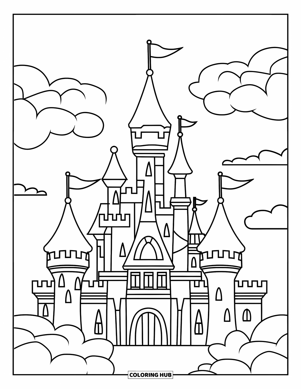 Kasteel Kleurplaat voor Kinderen: Een groot rond kasteel met drie torens en schattige vlaggetjes zweeft in de wolken