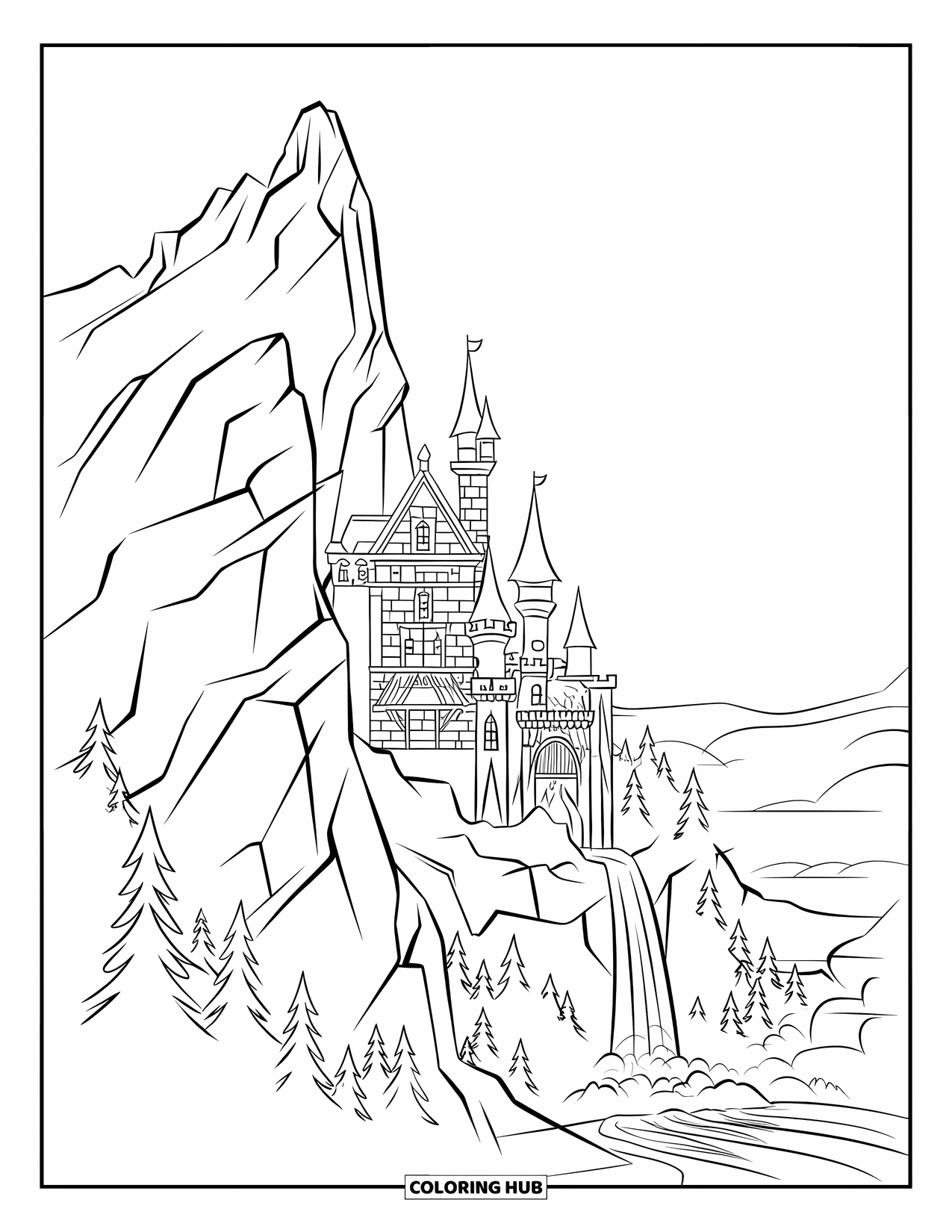 Kasteel Kleurplaat voor Kinderen: Een kasteel gebouwd in een rotsachtige berg rust naast een trapsgewijze waterval