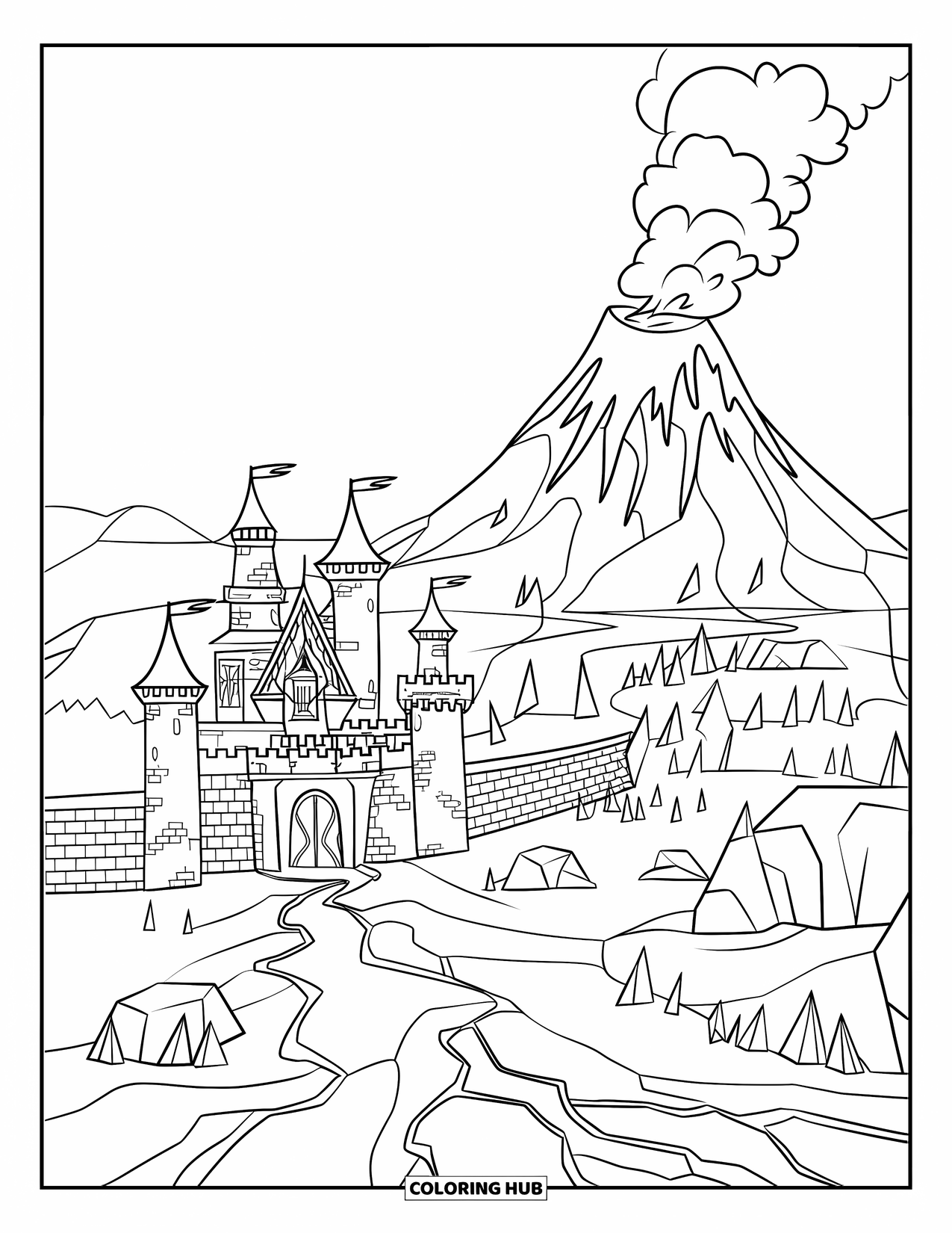 Kasteel Kleurplaat voor Kinderen: Een kasteel in de buurt van een vulkaan staat tussen vurige scheuren en stomende rotsen