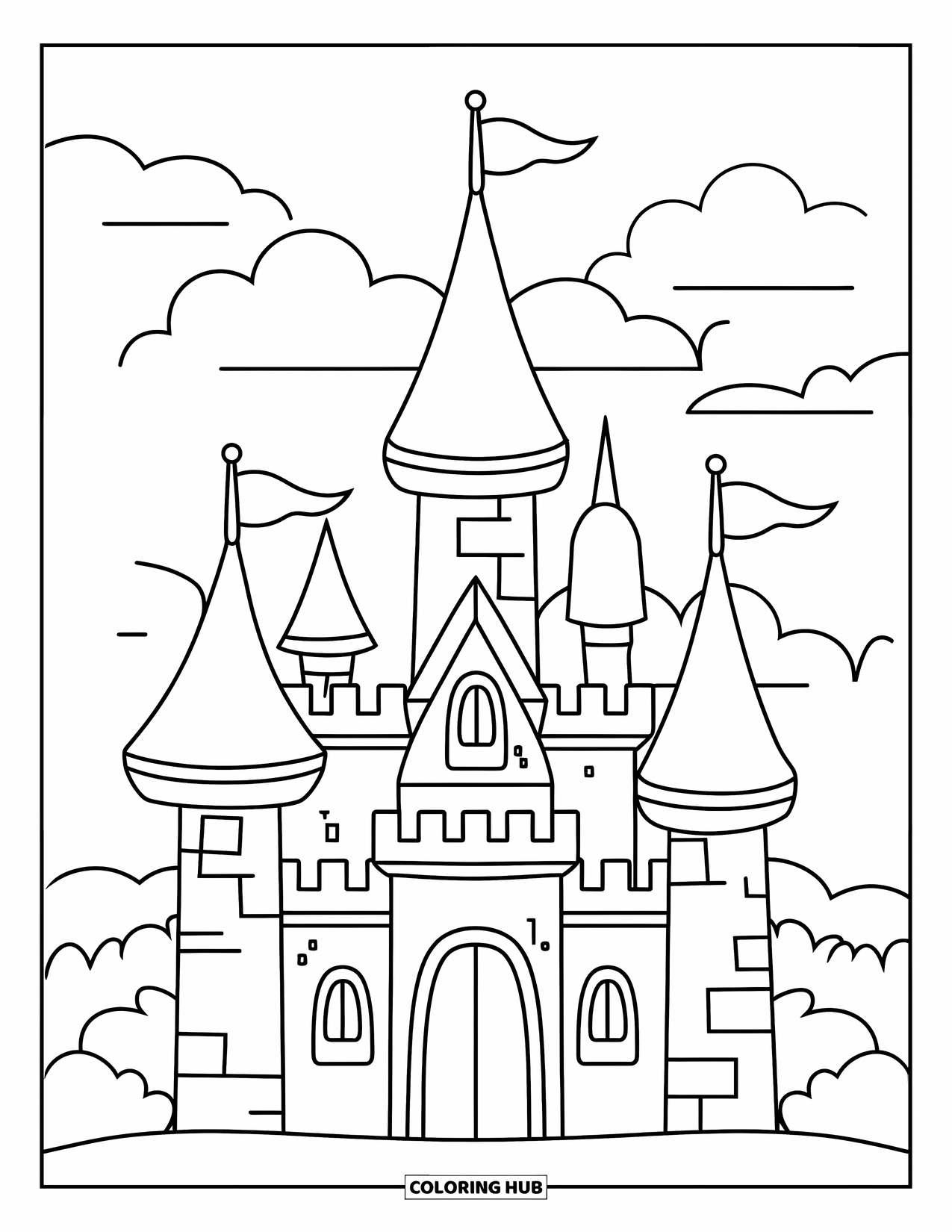 Kasteel Kleurplaat voor Kinderen: Een kasteel met grote torens en kleine vlaggetjes rust op wolken in een vredige lucht