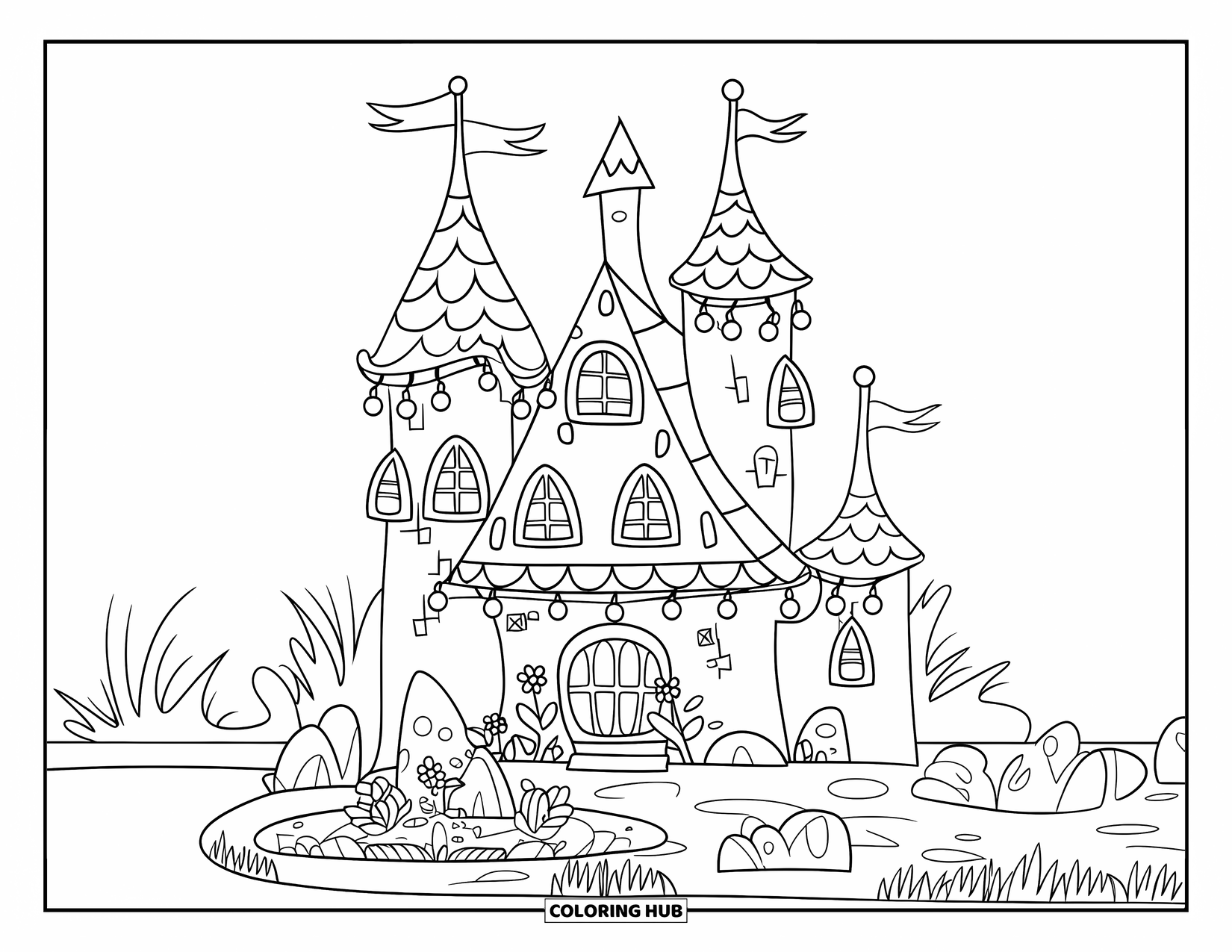 Kasteel Kleurplaat voor Kinderen: Een kasteel met feeërieke lichtjes en een vredige tuin straalt met charme