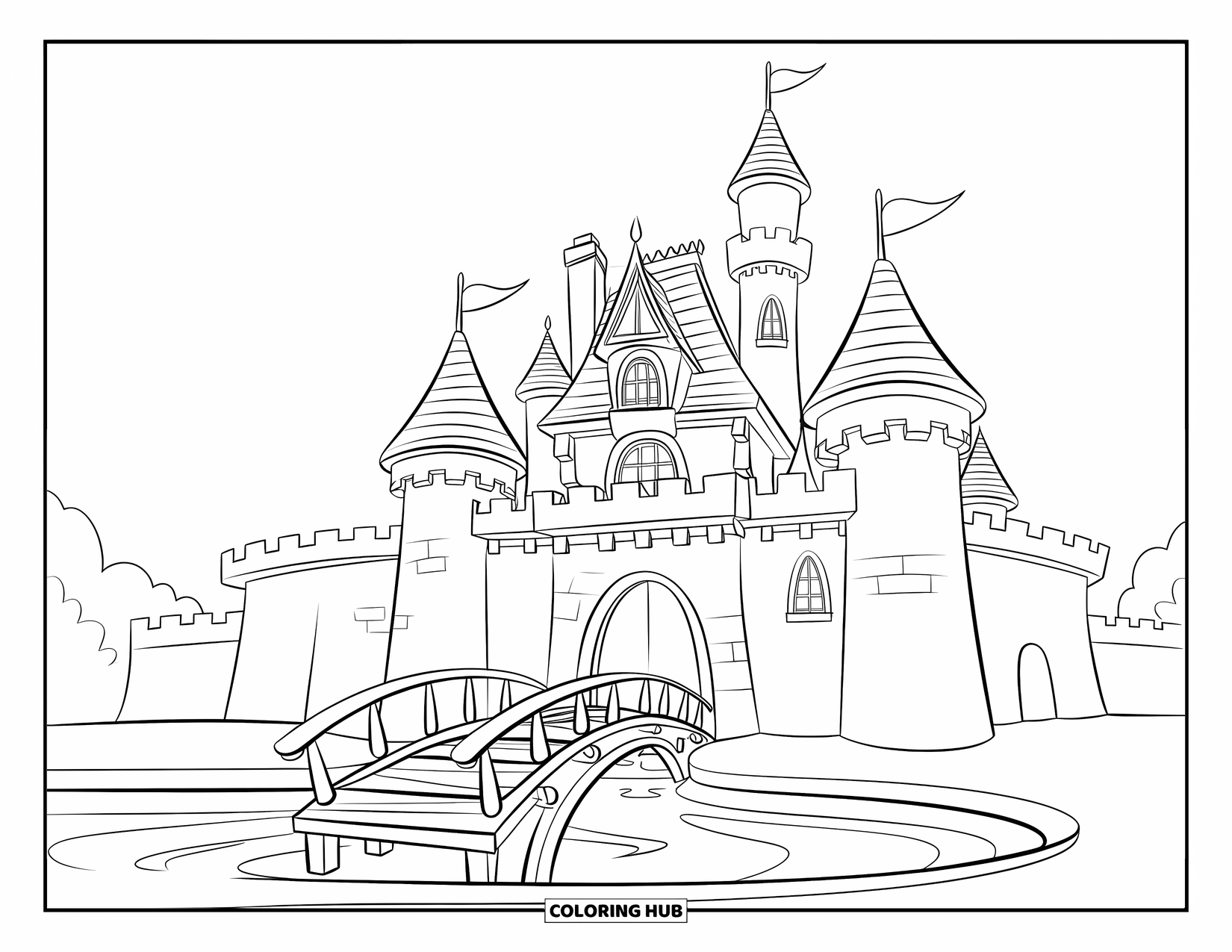 Kasteel Kleurplaat voor Kinderen: Een kasteel met hartjestorentjes en een schattige brug verwelkomt bezoekers onder een zonnige hemel