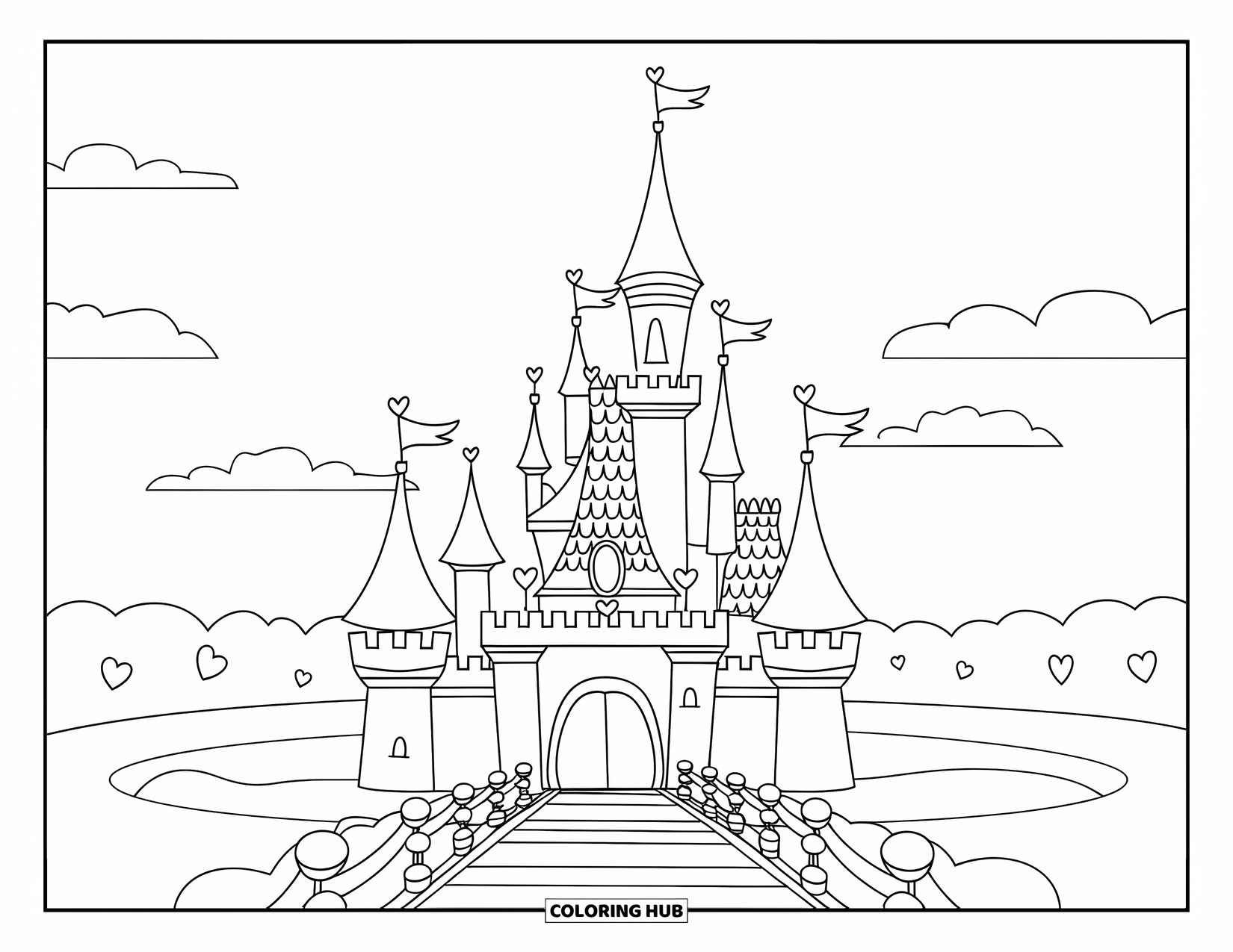 Kasteel Kleurplaat voor Kinderen: Een kasteel met harten en een ronde gracht staat trots onder donzige wolken