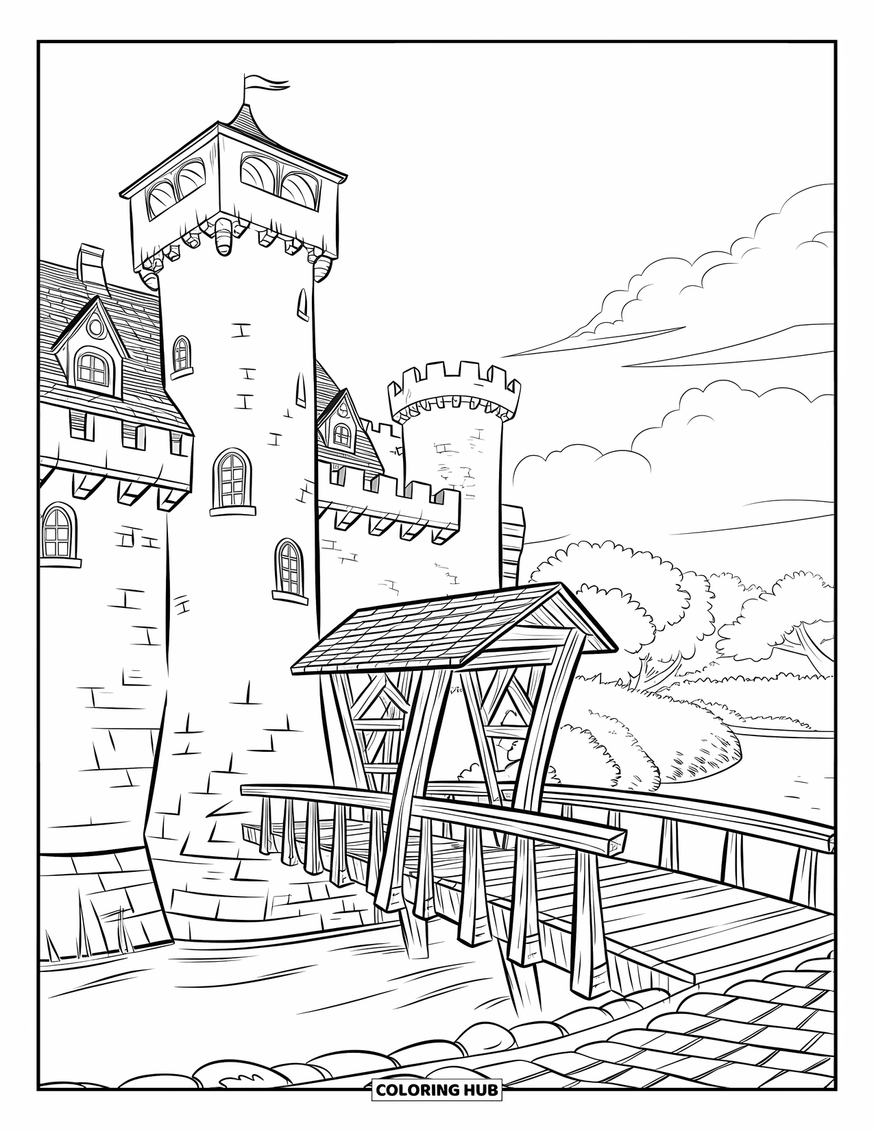 Kasteel Kleurplaat voor Kinderen: Een kasteel met torens en een ophaalbrug waakt over bomen en stromend water