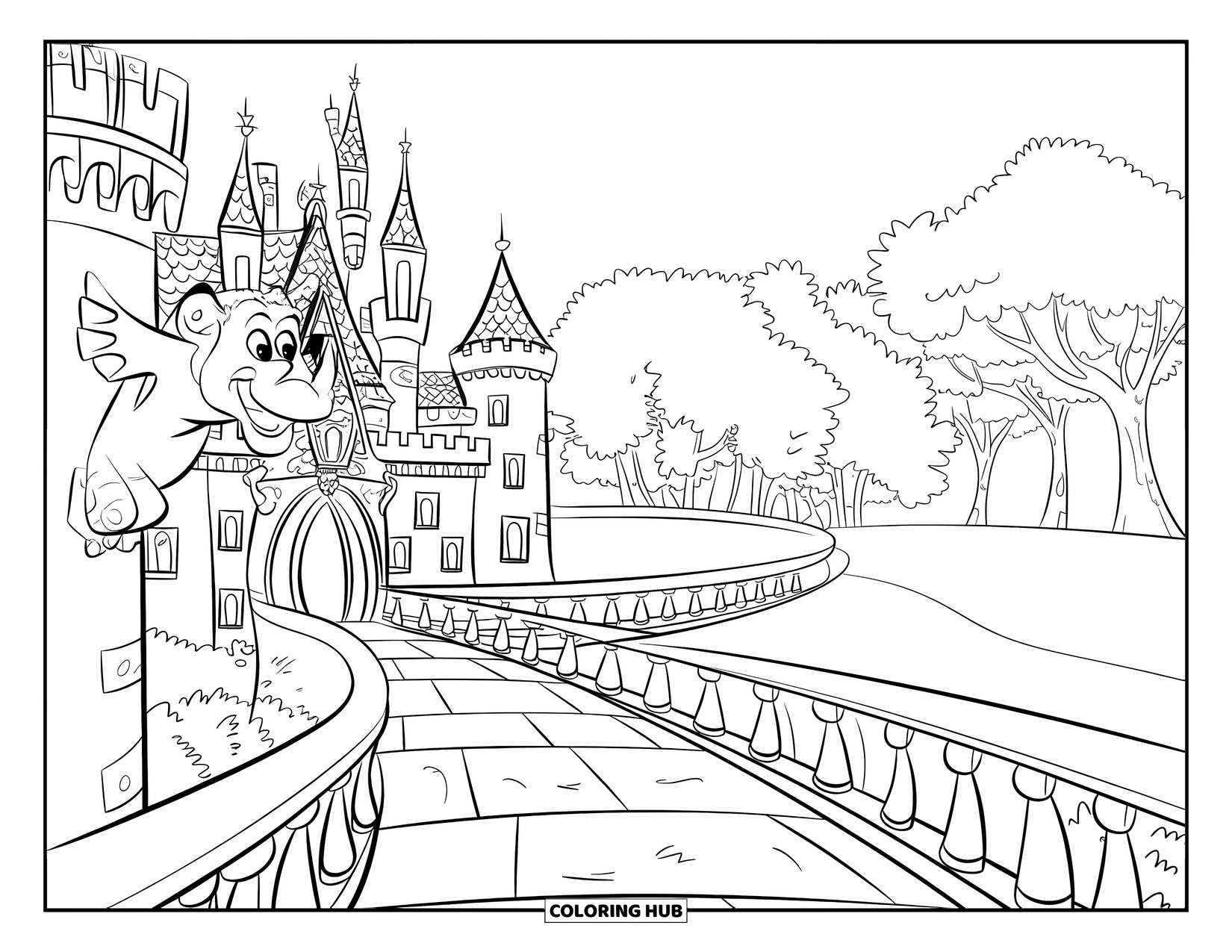 Kasteel Kleurplaat voor Kinderen: Een kasteel met torens en twinkelende lichtjes piept door bomen en een kronkelend pad