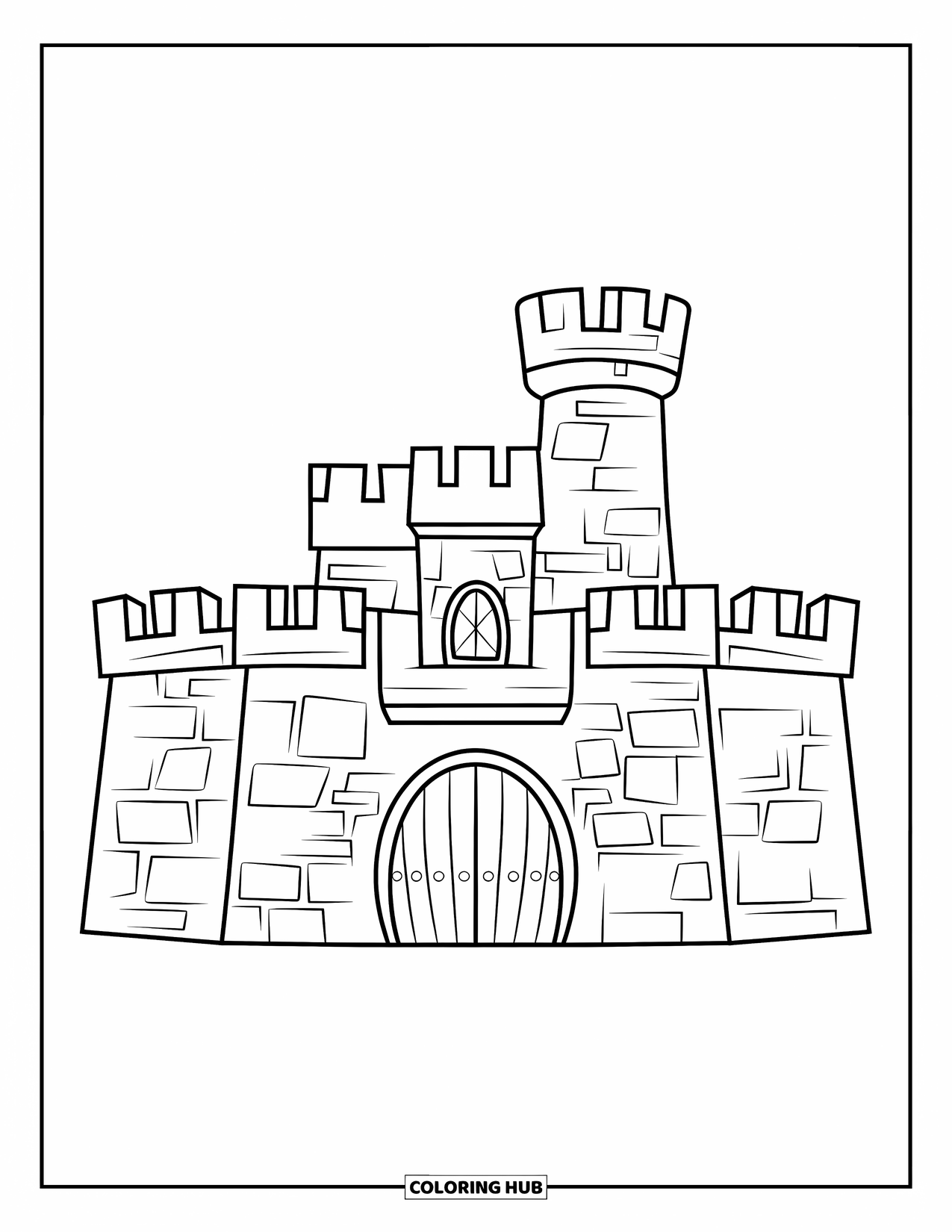 Kasteel Kleurplaat voor Kinderen: Een vrolijk kasteel met een ronde toren en een grote houten deur staat groot en eenvoudig