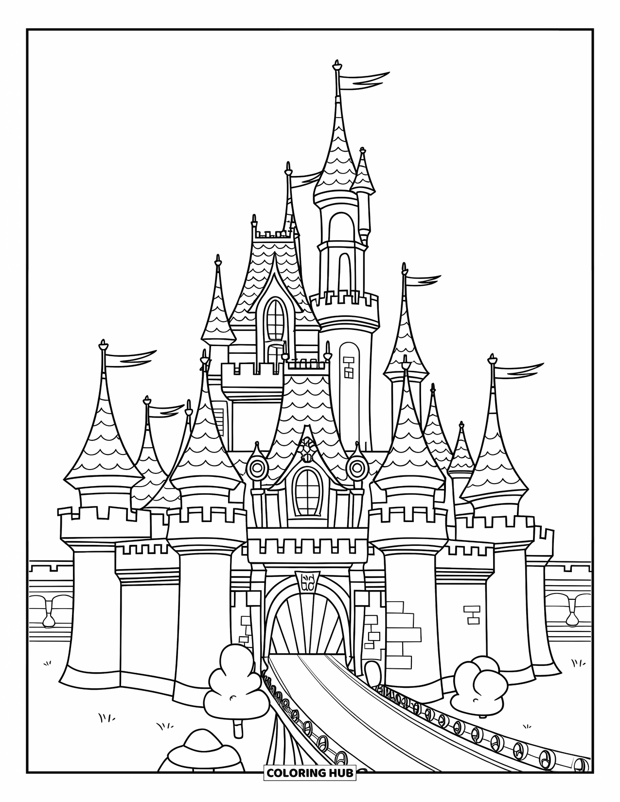 Kasteel Kleurplaat voor Kinderen: Een vrolijk kasteel met ronde ramen en een grote brug staat klaar voor plezier