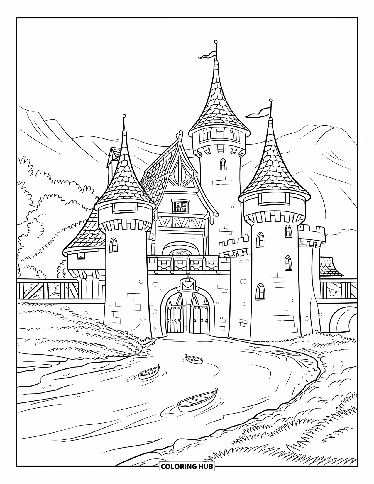 Kasteel Kleurplaat voor Kinderen: Een kasteel met dikke torens staat aan een kalme rivier met boten en bergen in de buurt