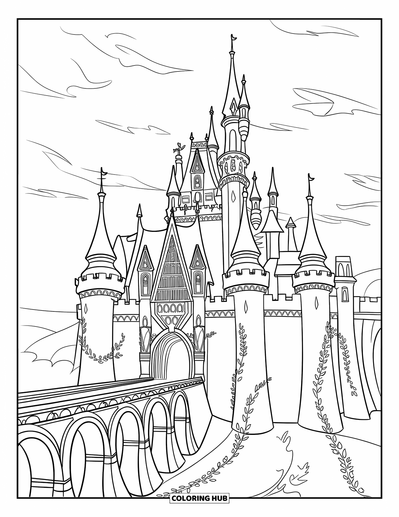 Kasteel Kleurplaat voor Kinderen: Een donker kasteel met kronkelende klimop en torenhoge torenspitsen doemt op onder een bewolkte hemel