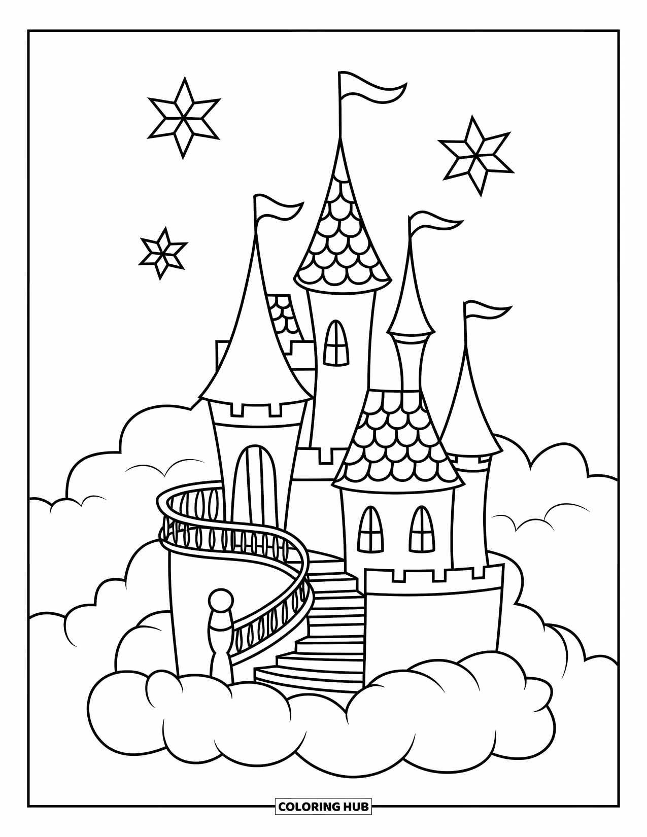 Kasteel Kleurplaat voor Kinderen: Een dromerig kasteel rust op een wolk met fonkelende sterren en een gebogen trap