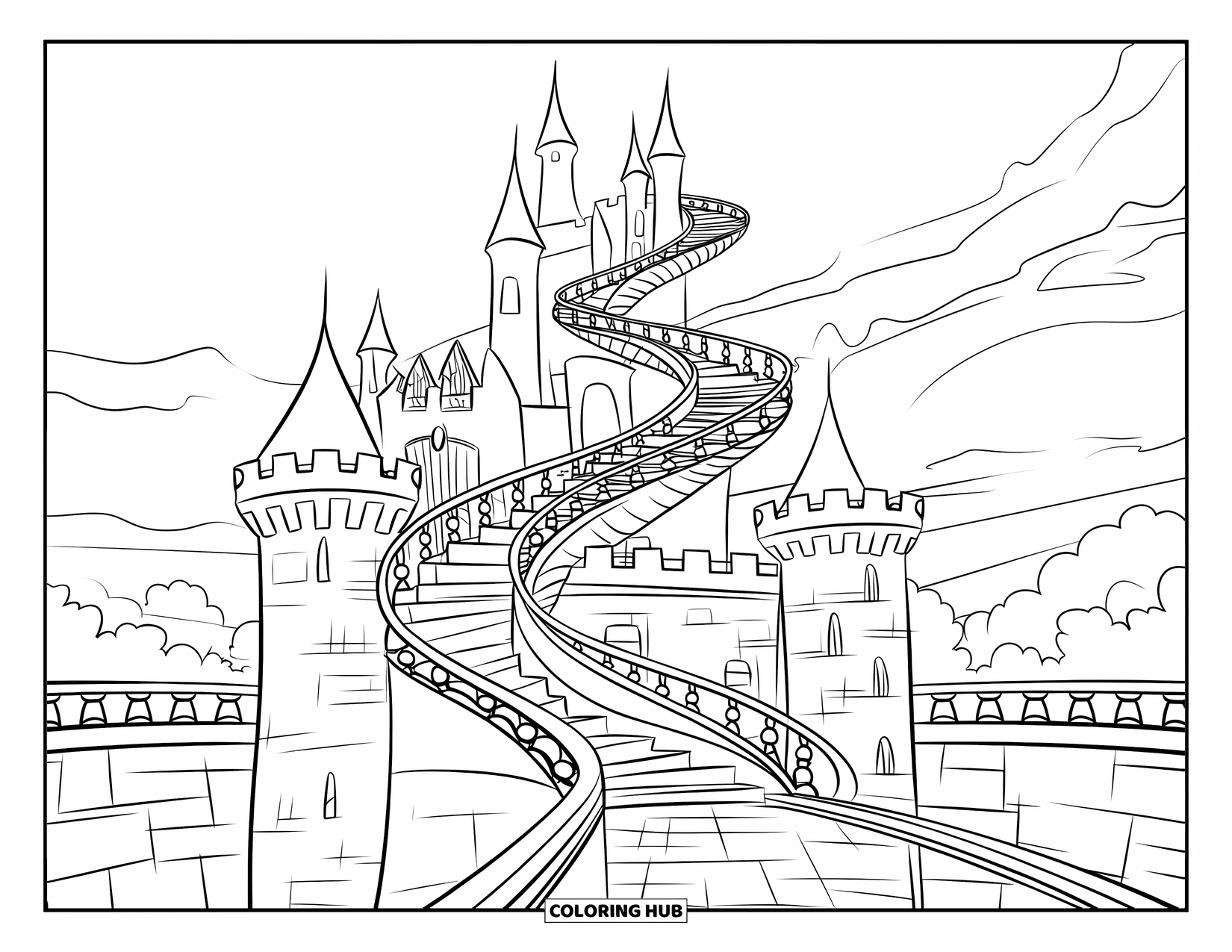 Kasteel Kleurplaat voor Kinderen: Een dromerig kasteel met een magische trap spiraalt hoog de bewolkte lucht in