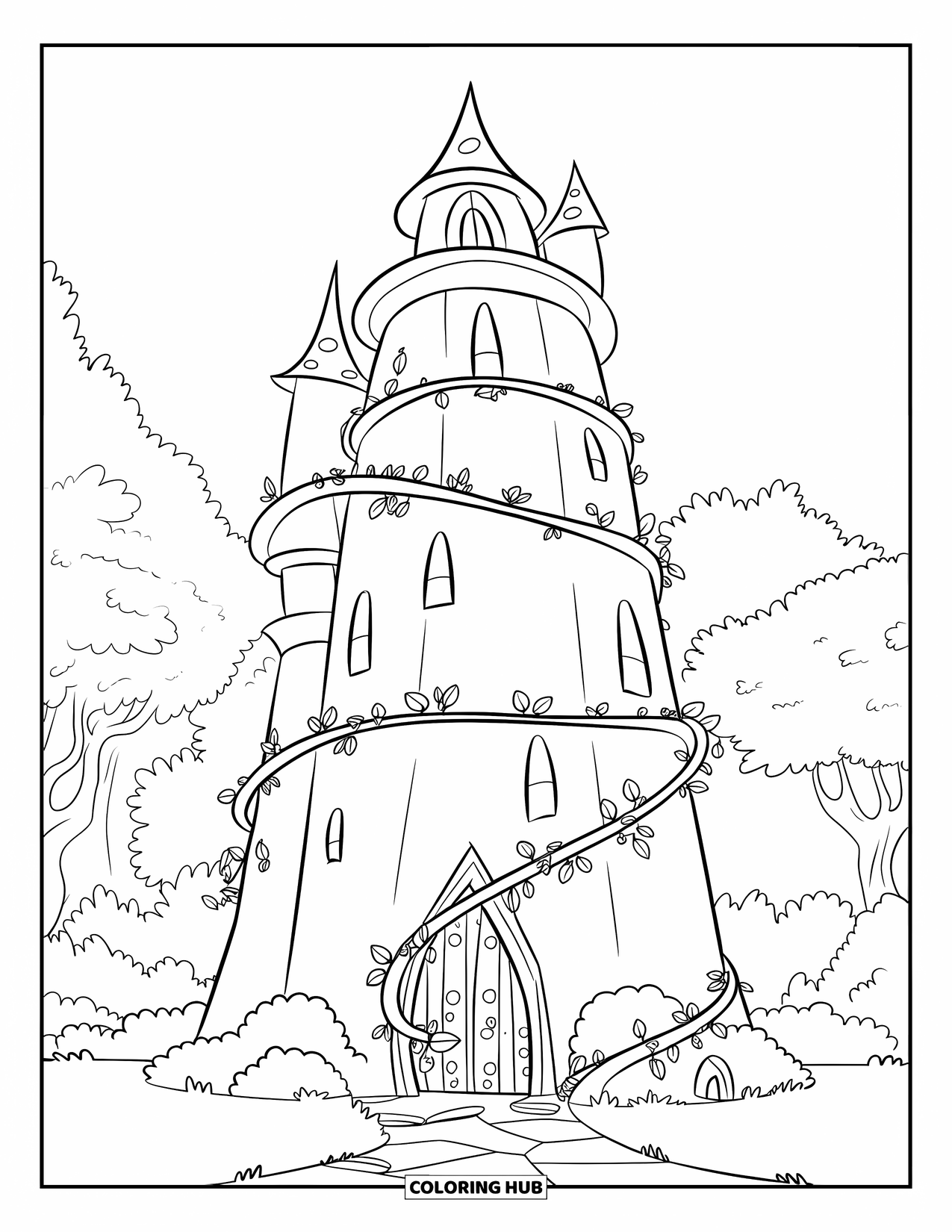 Kasteel Kleurplaat voor Kinderen: Een feeënkasteel torent hoog boven de grond uit, omwikkeld met kronkelende wijnranken en verborgen geheimen