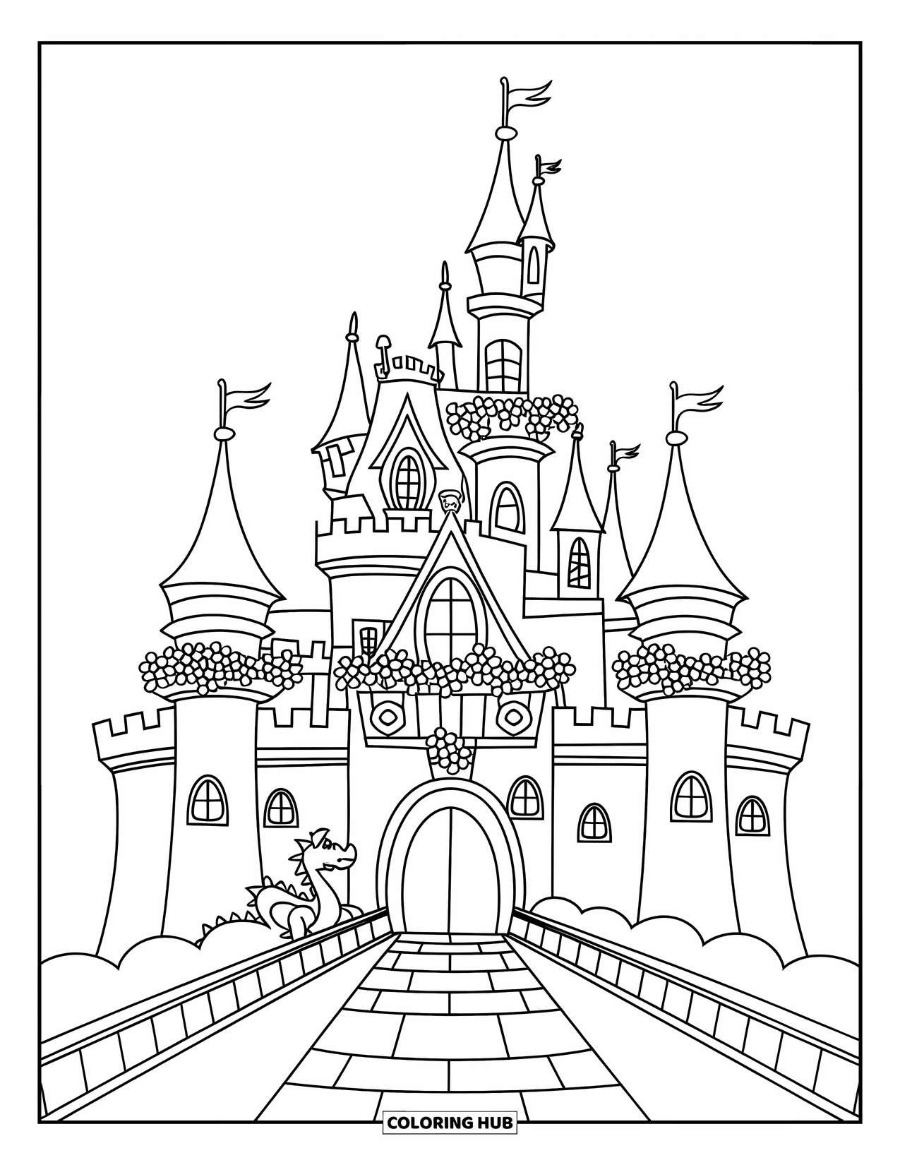 Kasteel Kleurplaat voor Kinderen: Een sprookjeskasteel met hoge torens en een draak begroet je op het voorpad