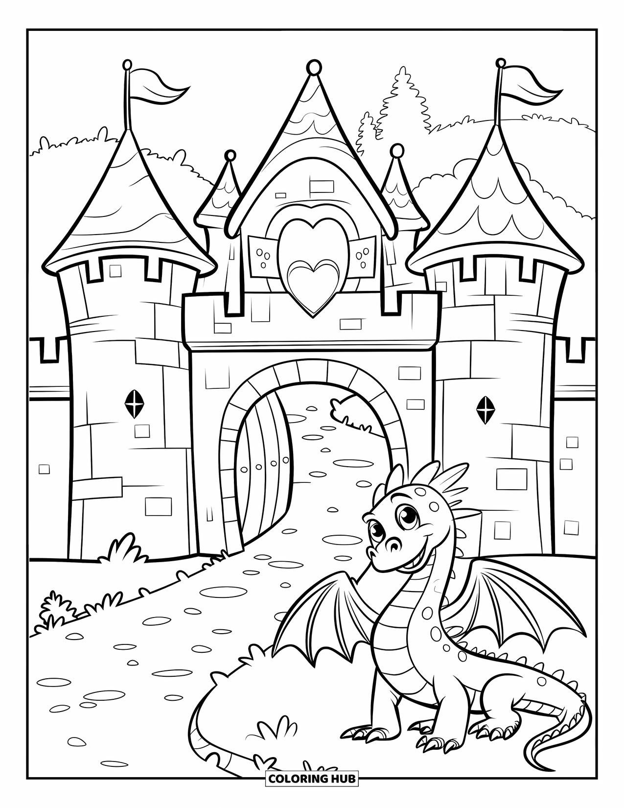 Kasteel Kleurplaat voor Kinderen: Een sprookjeskasteel met een hartjesraam verwelkomt je met een lachende draak in de buurt