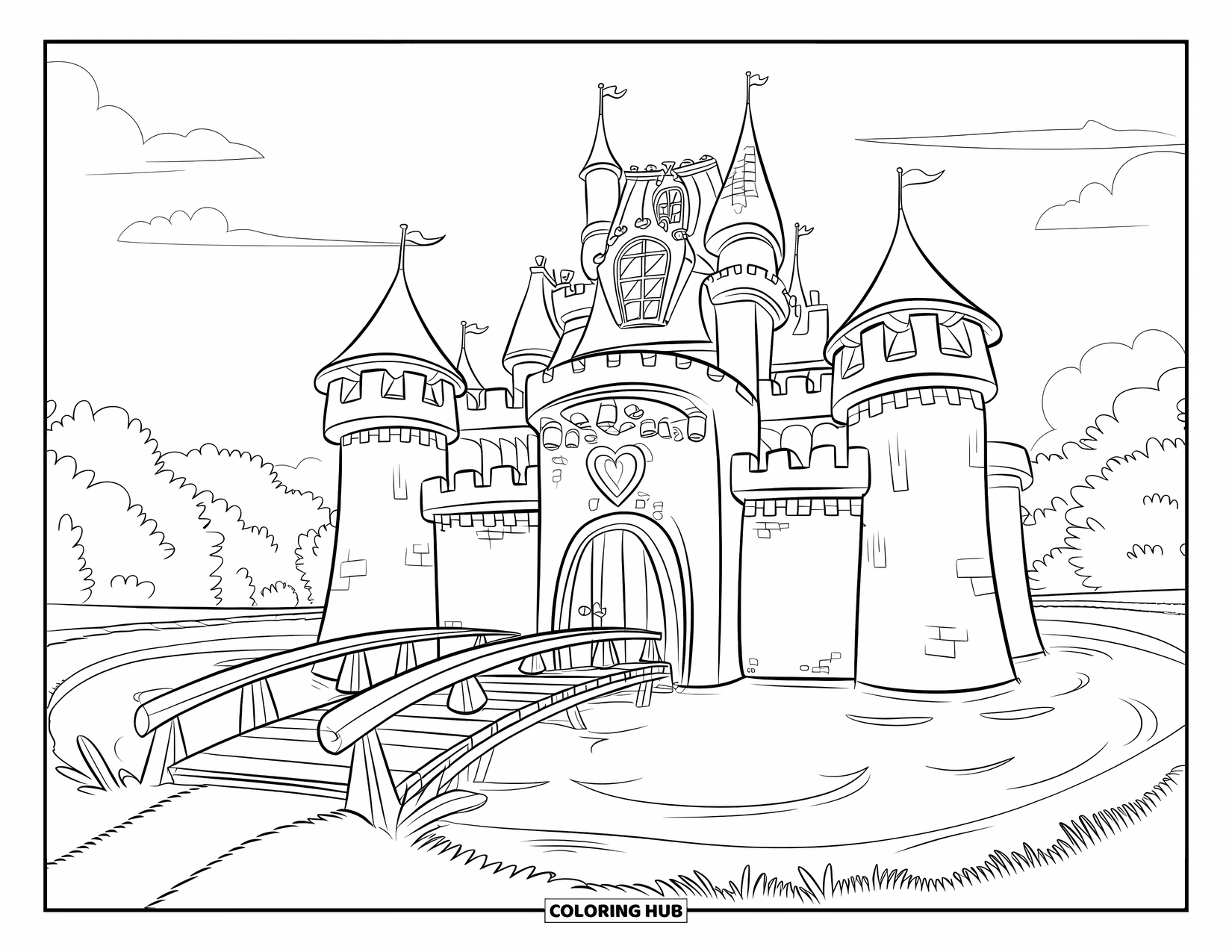 Kasteel Kleurplaat voor Kinderen: Een sprookjeskasteel met hartvormige torens staat naast een ronde gracht en een houten brug