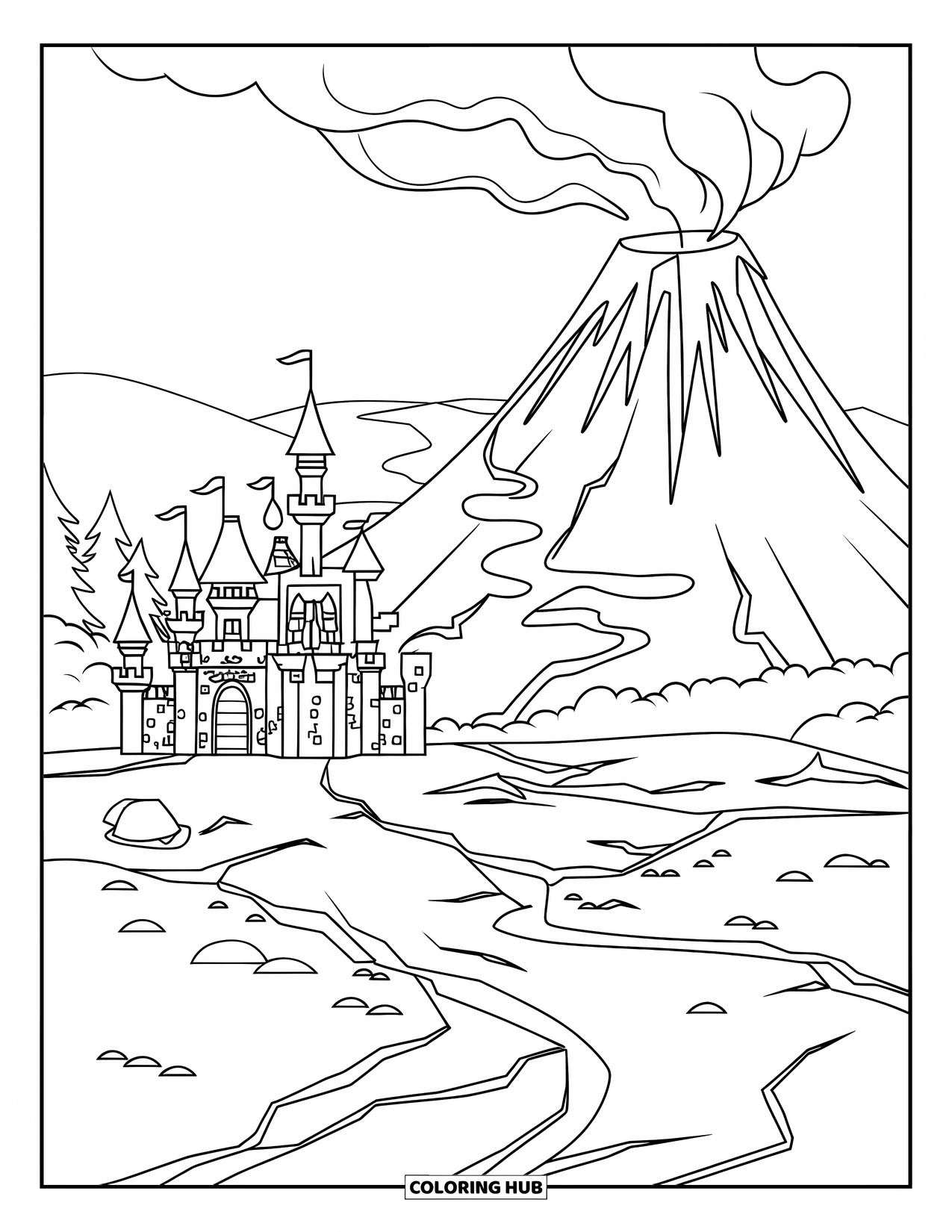 Kasteel Kleurplaat voor Kinderen: Een vurige vulkaan doemt op achter een kasteel met torens en met lava gevulde grond