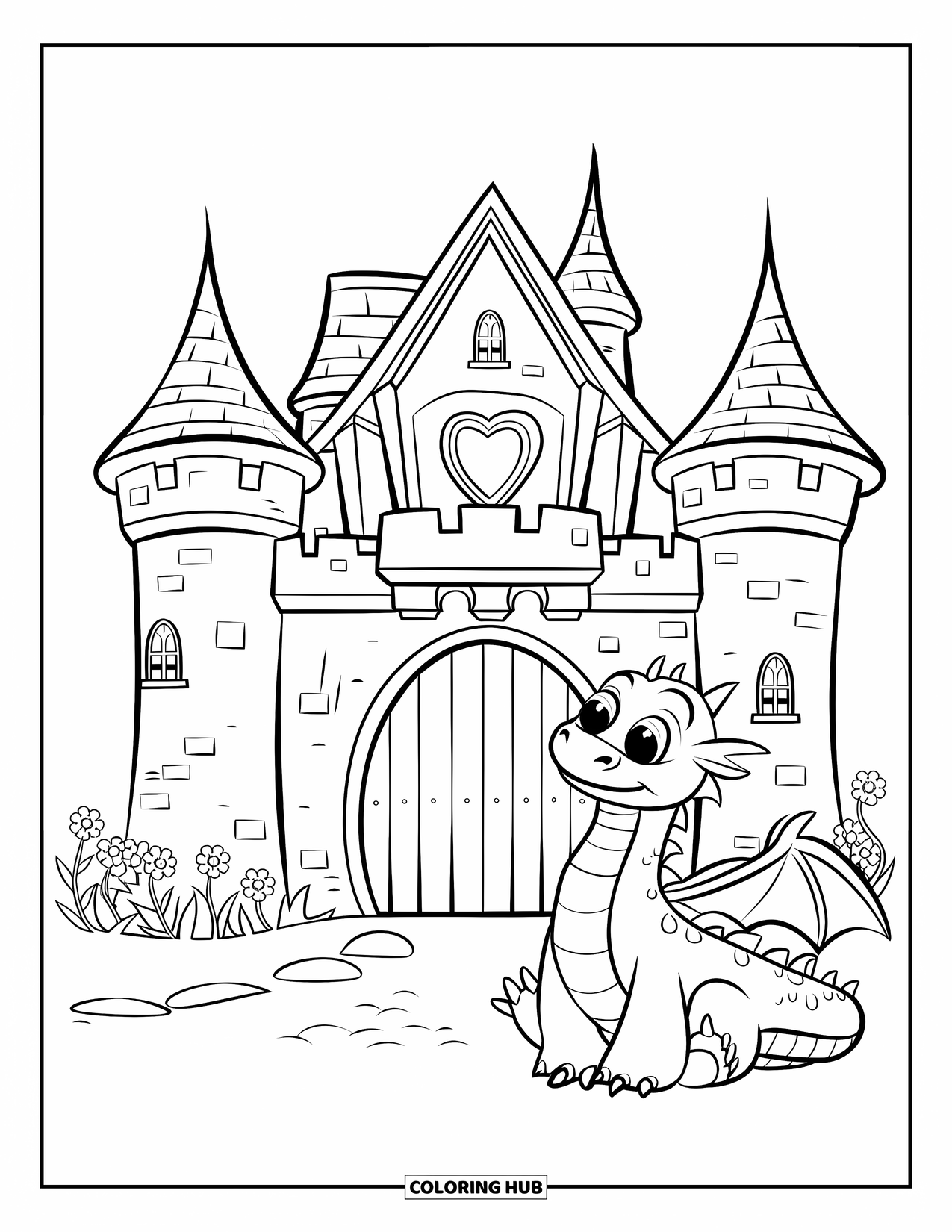 Kasteel Kleurplaat voor Kinderen: Een vriendelijke draak rust in de buurt van een kasteel met een hartjesraam, omringd door bloemen