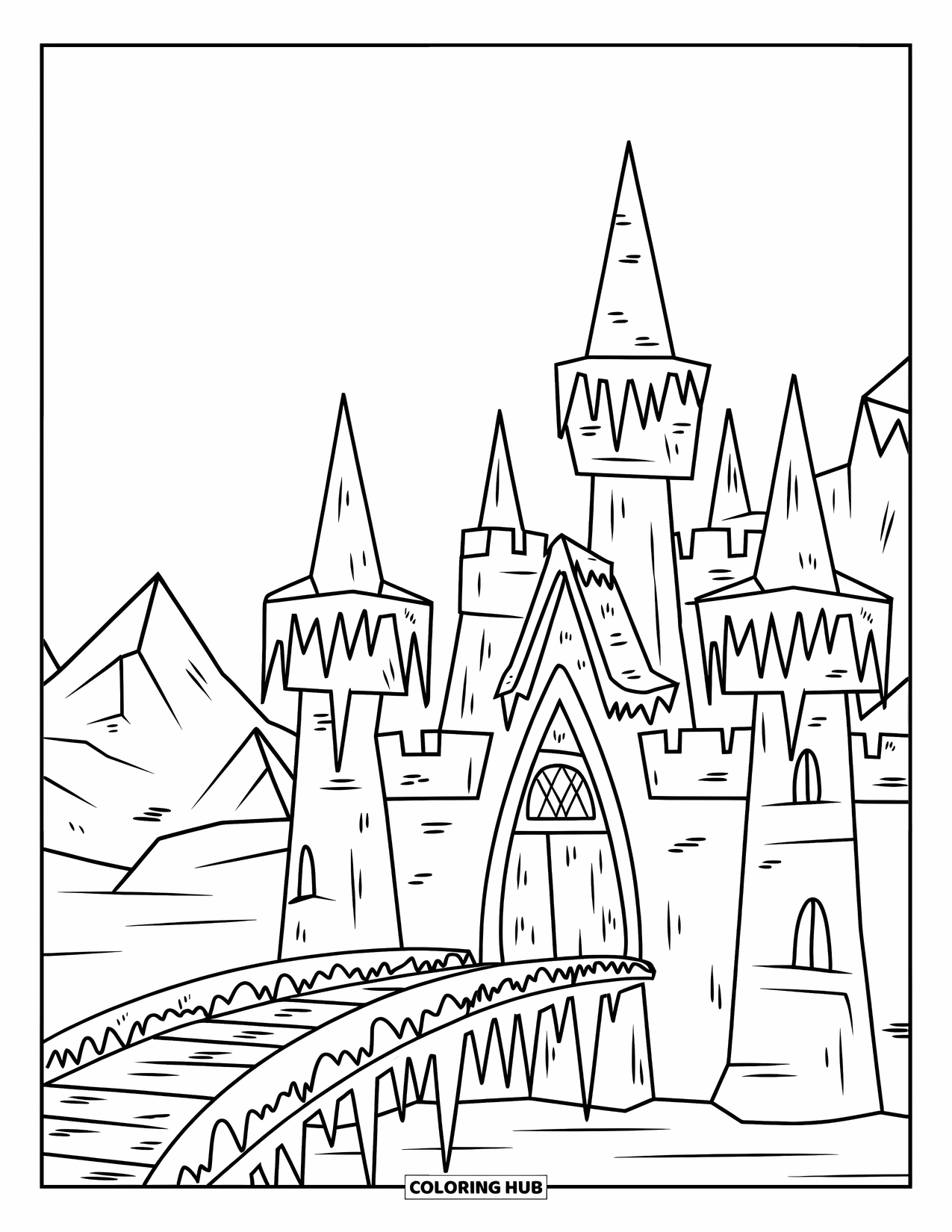 Kasteel Kleurplaat voor Kinderen: Een bevroren kasteel met ijspegeltorens en een ijzige brug staat in de bergen